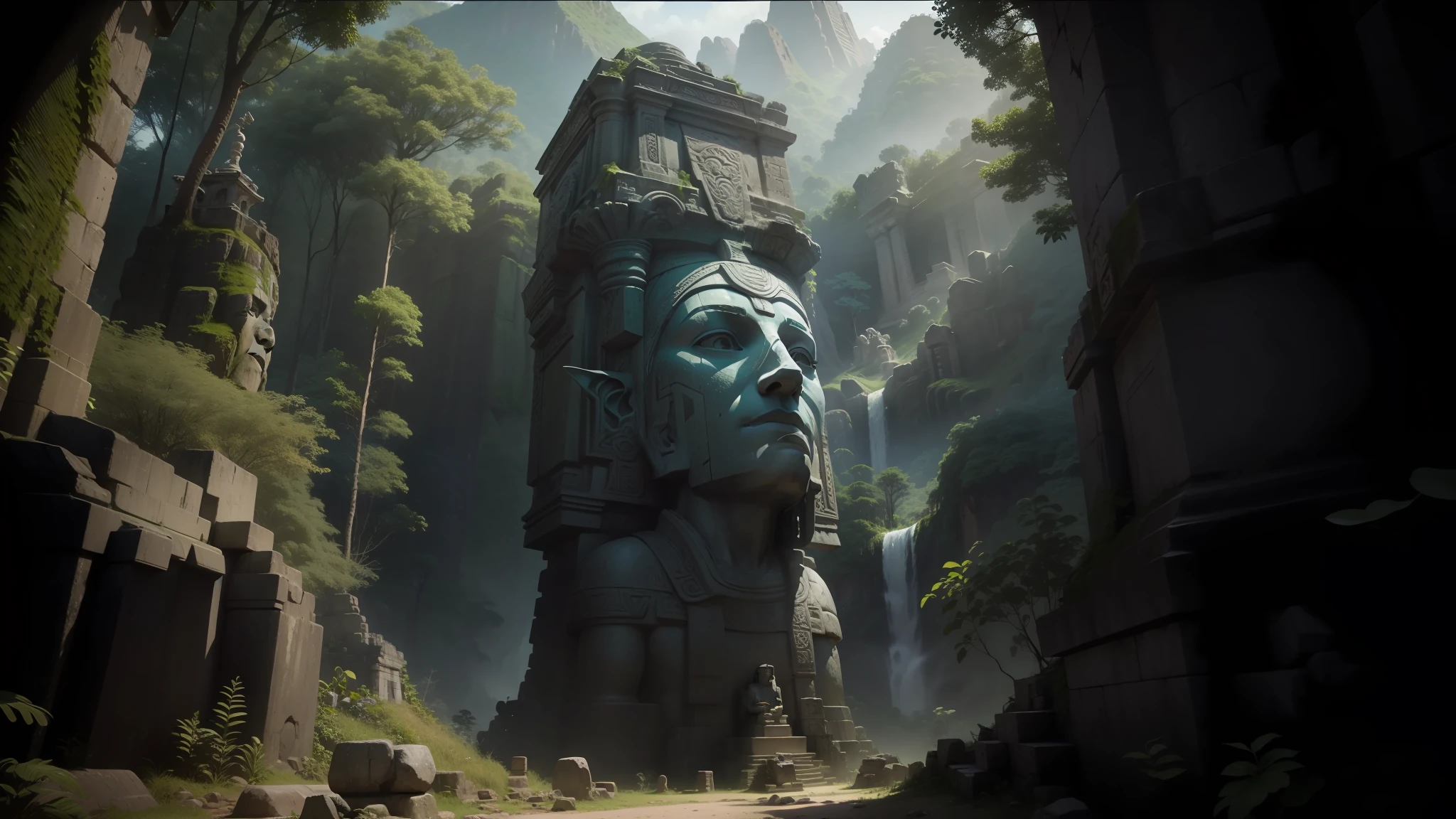 there is a statue in the middle of a forest with a mountain in the background, unreal maya, promotional movie still, widescreen shot, imax close-up of face, white stone temple ruins, airborn studios, overgrown jungle ruins, moai, face shown, game screen