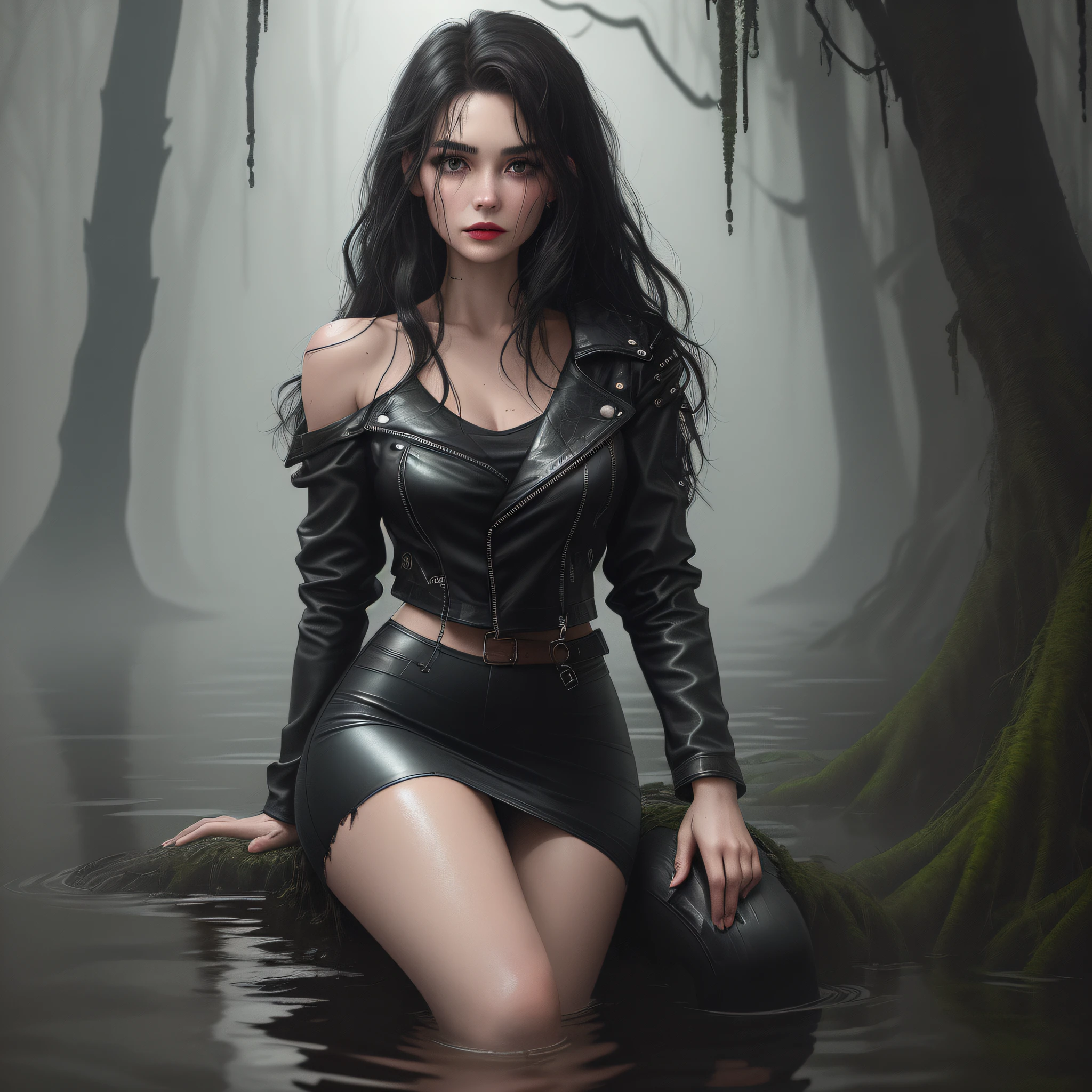 (high quality, ultra-detailed), photographic quality, (gloomy environment, dark temperature, lighting from above, shading from below), (swampy swamp, forest, night), (swampy terrain | muddy swamp), (thick fog | fog around), woman, skin light, slender, tall, drops of sweat, excitement, fear, thick blush, intermittent breathing, drowning in the swamp, (disheveled beautiful shoulder-length hair), (makeup| dripping makeup| makeup smeared on the face), (lipstick erased|  smeared). (simple black leather jacket), blue jeans, pants, bracelet on the arm. You can see your feet in the water. Seduces. Sexy position, touches the ass. you can see the ass