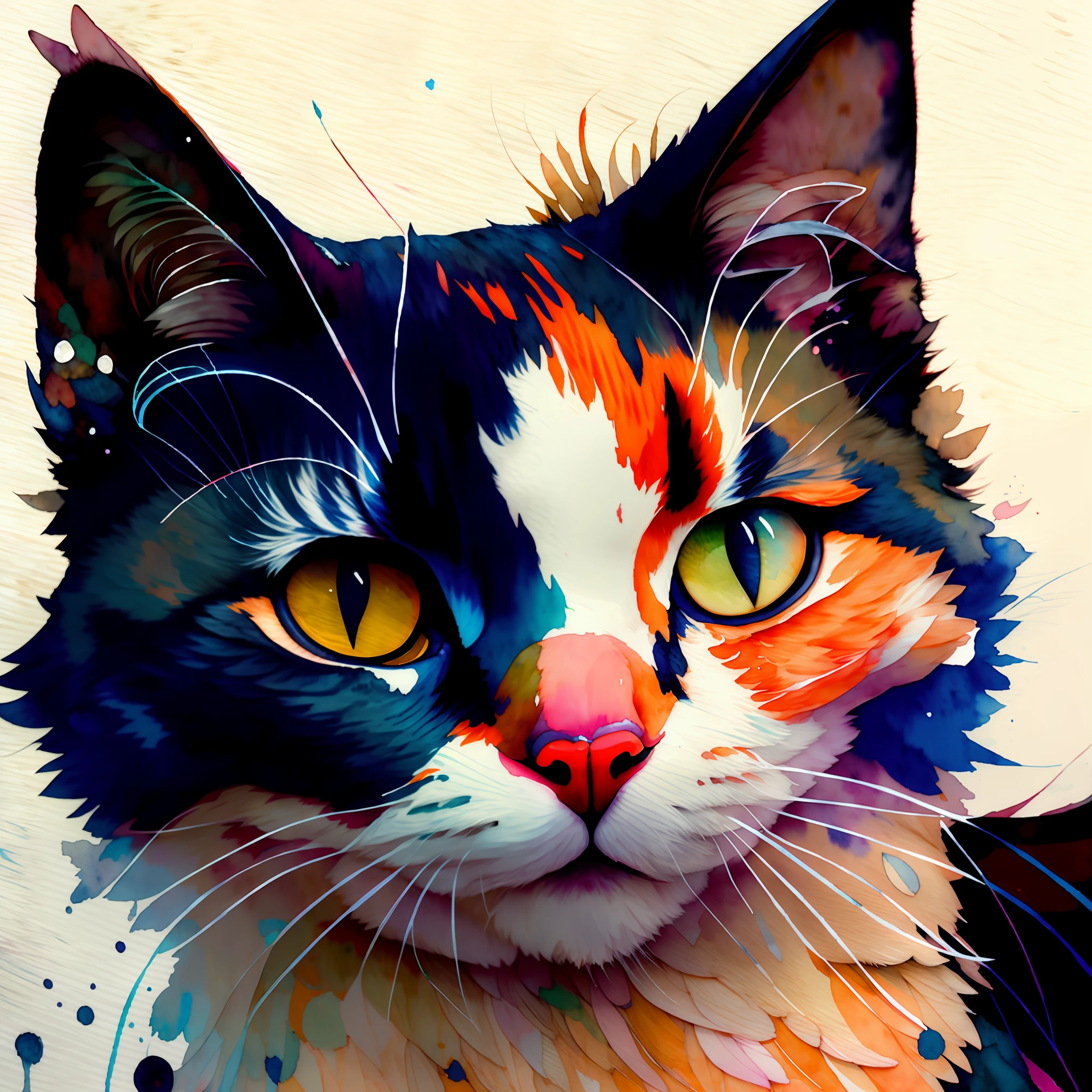 wtrcolor style, Digital art of (cat character), official art, frontal, smiling, masterpiece, Beautiful, ((watercolor)), face paint, paint splatter, intricate details. Highly detailed, detailed eyes, [dripping:0.5], Trending on artstation, by Rachel Walker