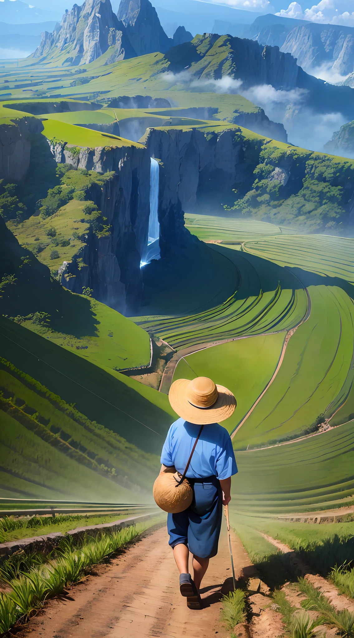 An old farmer carrying a flat burden, walking on the winding path of the countryside, big clouds, blue sky, rice fields, neat rice seedlings in the field, forest, hillside, secluded, countryside, HD detail, hyper-detail, cinematic, surrealism, soft light, deep field focus bokeh, ray tracing and surrealism. --v6