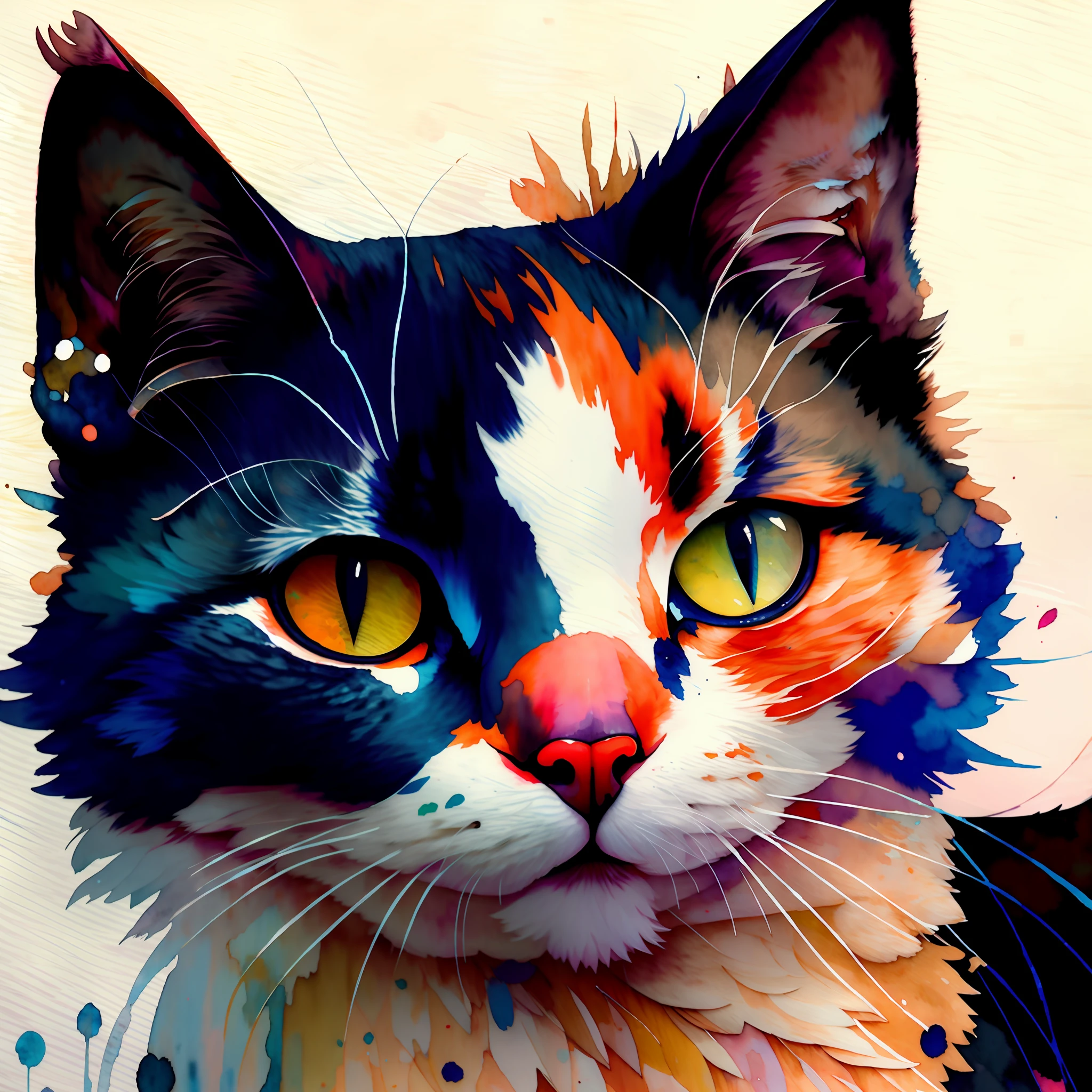 wtrcolor style, Digital art of (cat character), official art, frontal, smiling, masterpiece, Beautiful, ((watercolor)), face paint, paint splatter, intricate details. Highly detailed, detailed eyes, [dripping:0.5], Trending on artstation, by Rachel Walker