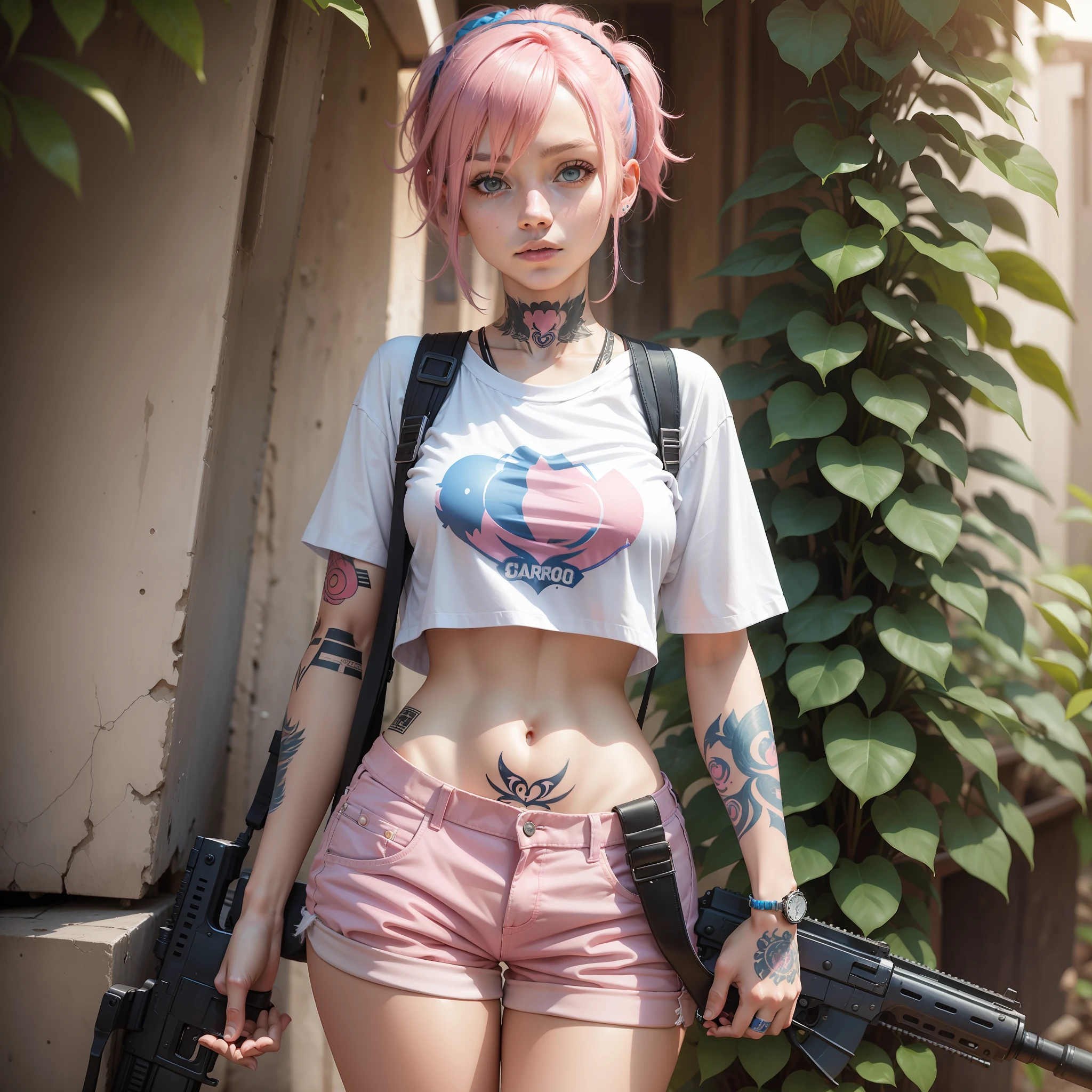 Woman with pink hair, wearing blue shorts, with tattoo on the cocha, and white shirt, holding an AK 47