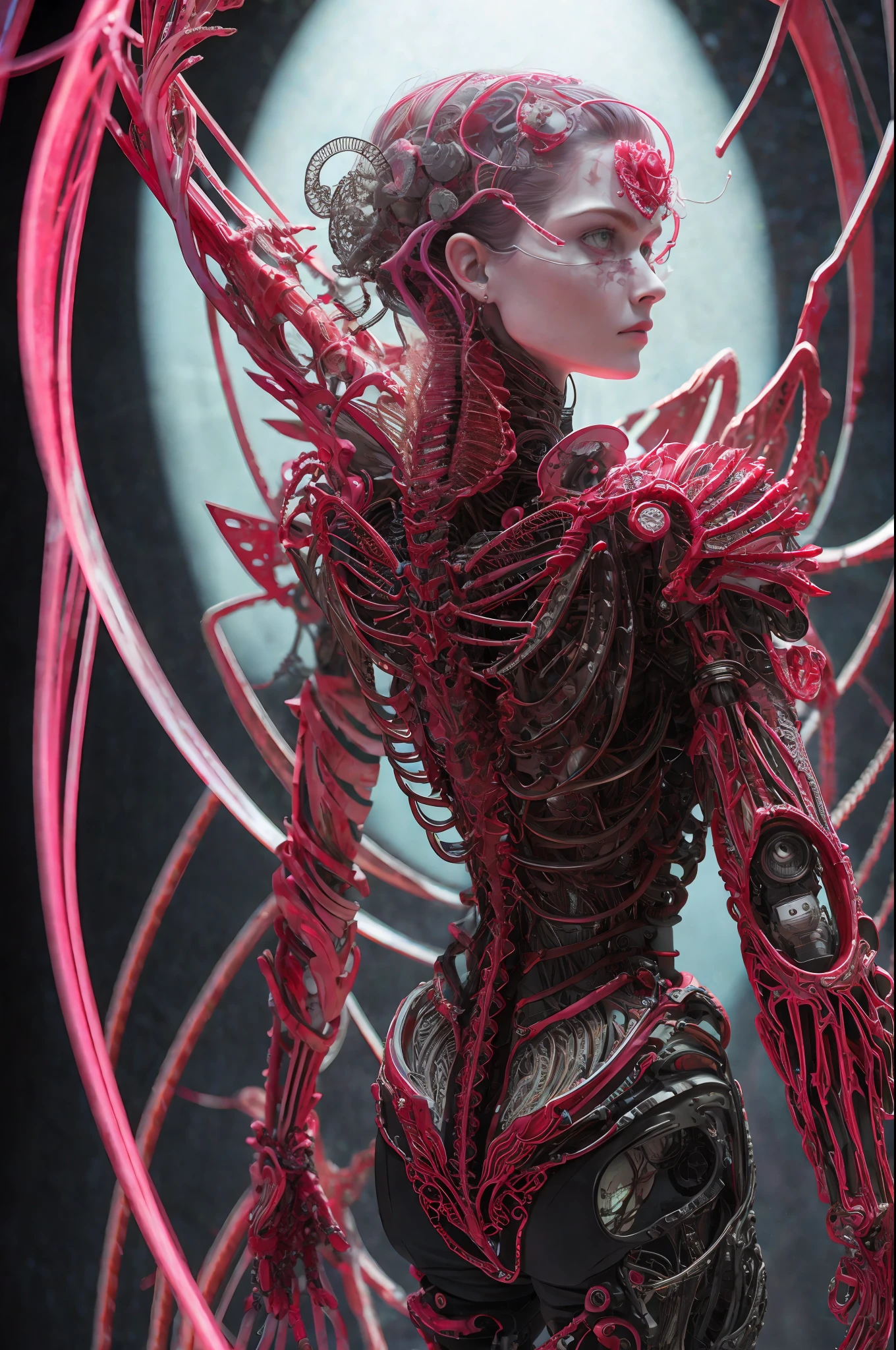complex 3d render ultra detailed beautiful death angel, biomechanical cyborg, analog 150 mm lens, beautiful natural soft rim light, neon vein, roots, fine foliage lace, colorful details, Boris Bidjan Saberi outfit, pearl earrings, piercing, art nouveau fashion embroidered, intricate details, mesh wire, mandelbrot fractal, facial muscles, cable wires, microchip, badass, hyper realistic, ultra detailed, octane render, volumetric lighting, 8k post-production, red and white with a bit of black, detailled metalic bones, semi human, iridescent colors, Glenn Brown style, futuristic room, power of the god, high-angle shot, complex body poses