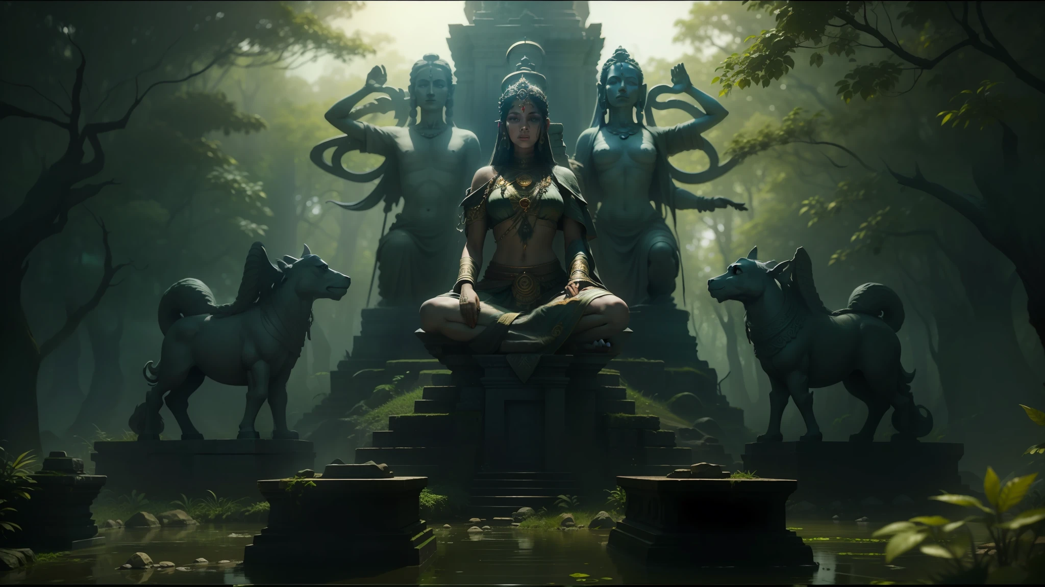 there is a statue of a woman sitting on a stone platform, cinematic render unreal engine, india third eye tika, by Aleksi Briclot, ayahuasca ceremony, still from a music video, indian forest, tv still frame, by Antonín Slavíček, angkor, hindi text, nirvana