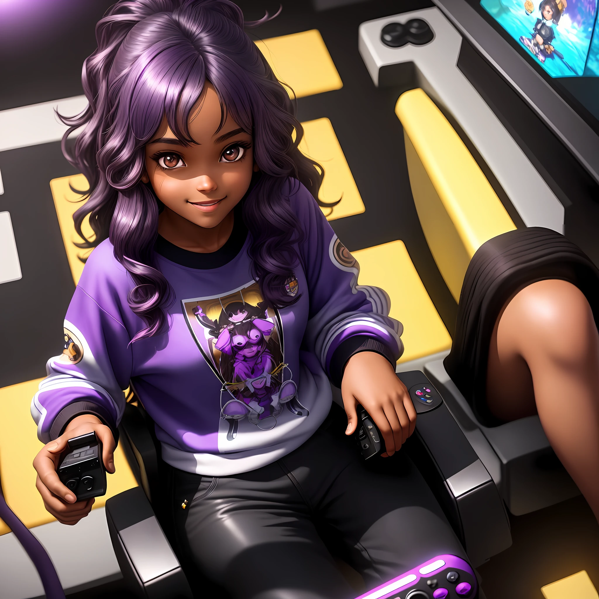 A cute girl with brown skin, sexy body, wavy purple hair [with shades of black], golden eyes (shiny), ultra realistic eyes, playing video games alone, smile, sitting in a chair, and holding a video game controller, round face, realistic lighting, Radiosity, Close UP.