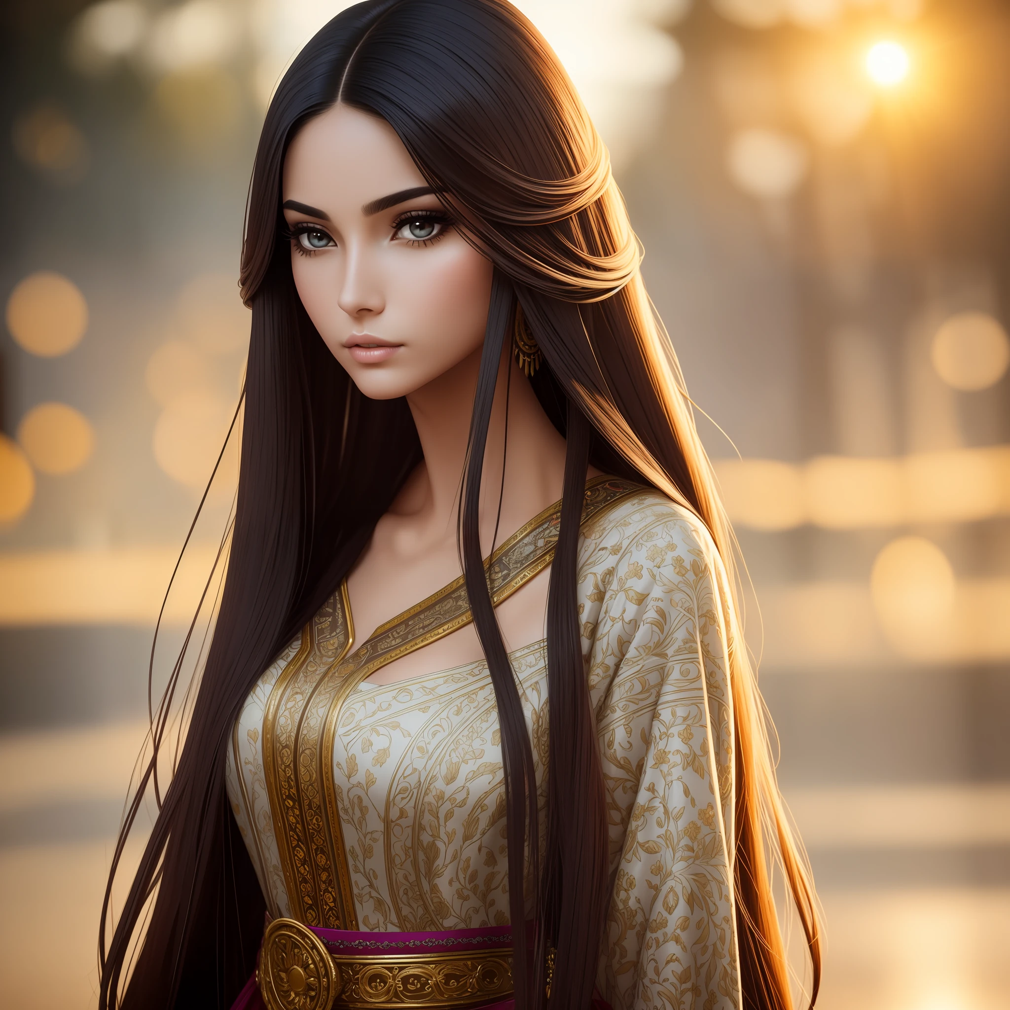 Create a photograph of a woman with natural skin, long and voluminous hair, sharp eyes, a thin and upturned nose, shapely lips, and an hourglass body shape, wearing typical clothes and makeup. It must be intricately maximalist-detailed, vibrant, epic, smooth, cinematic, HD, backlit, and have a shallow depth of field.