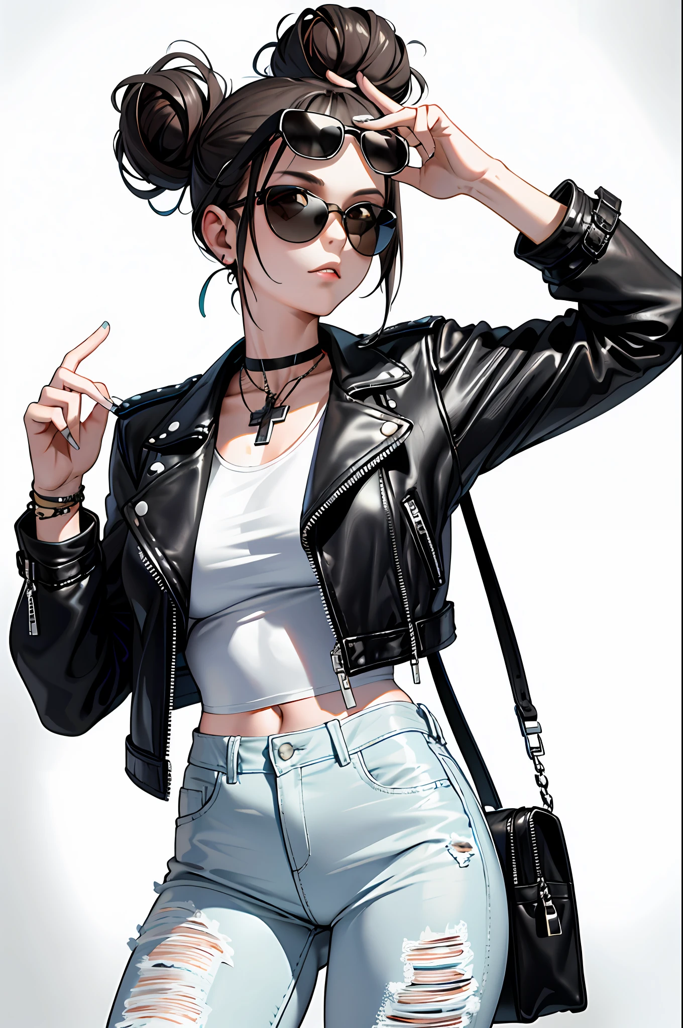 (masterpiece:1.2, best quality), 1lady, solo, upper body, big tits, Chic and edgy leather jacket paired with a classic white t-shirt and distressed jeans Confident and effortless with minimal makeup and a messy bun (Music festival or a trendy downtown neighborhood) Statement sunglasses and chunky jewelry, with a cross-body bag for convenience