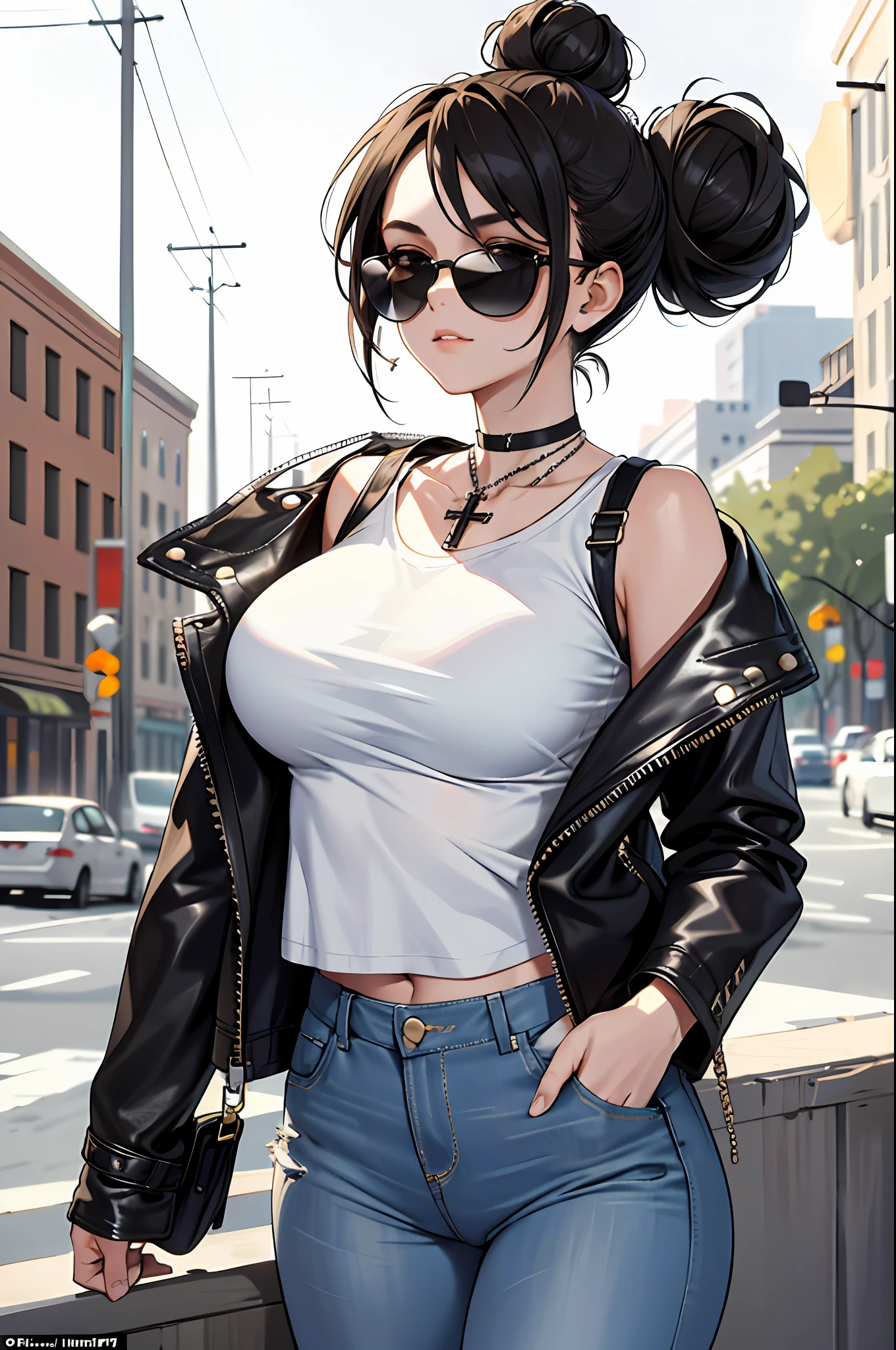 (masterpiece:1.2, best quality), 1lady, solo, upper body, big tits, Chic and edgy leather jacket paired with a classic white t-shirt and distressed jeans Confident and effortless with minimal makeup and a messy bun (Music festival or a trendy downtown neighborhood) Statement sunglasses and chunky jewelry, with a cross-body bag for convenience