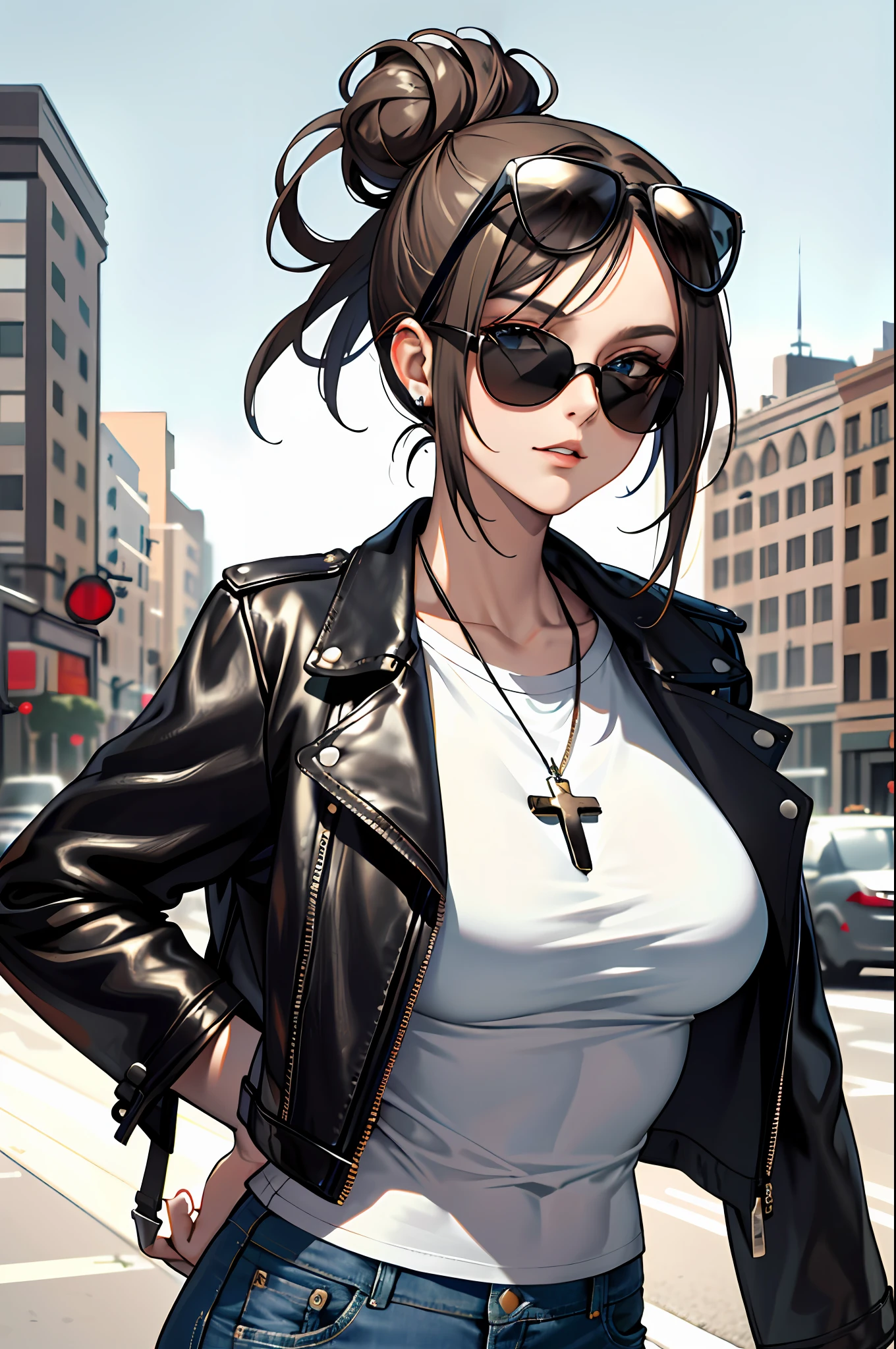 (masterpiece:1.2, best quality), 1lady, solo, upper body, big tits, Chic and edgy leather jacket paired with a classic white t-shirt and distressed jeans Confident and effortless with minimal makeup and a messy bun (Music festival or a trendy downtown neighborhood) Statement sunglasses and chunky jewelry, with a cross-body bag for convenience