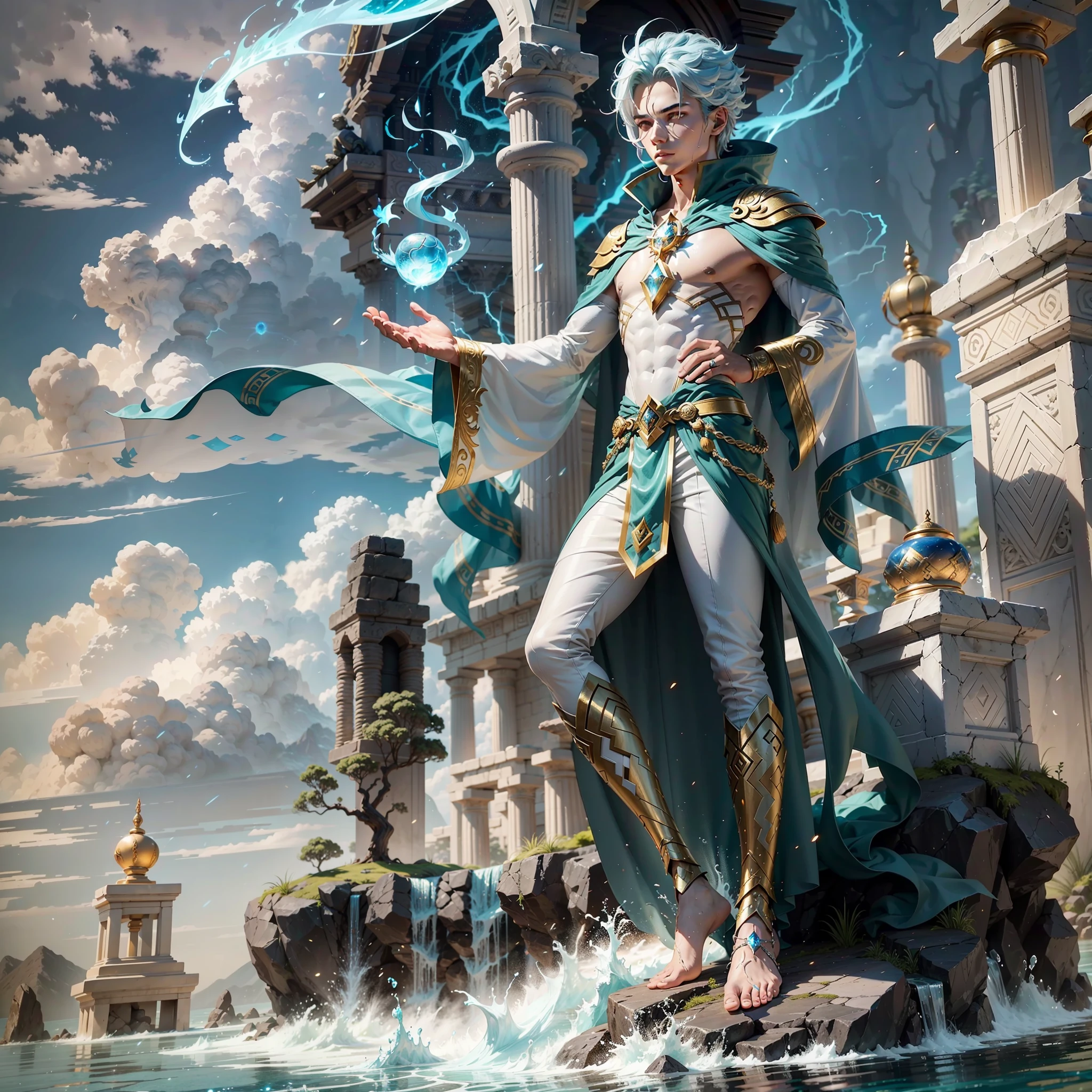 Enith is an androgynous figure with a luminous skin that changes color according to the elements it controls. He wears flowing robes that look like they are made of air and carries with him a dagger with symbols representing the four elements.
Powers: Zenith possesses mastery of the natural elements - earth, fire, water and air. He can summon storms, create earthquakes, manipulate flames, and control water in all its forms. In addition, he has the ability to communicate with the creatures of nature and channel the energy of the elements to strengthen himself.
Setting: Zenith inhabits an ancient temple located on a remote island surrounded by drafts and waterfalls. The temple is a sacred place where the elements meet in perfect balance. Zenith protects the temple and the surrounding lands, ensuring harmony between the elements and the preservation of nature.