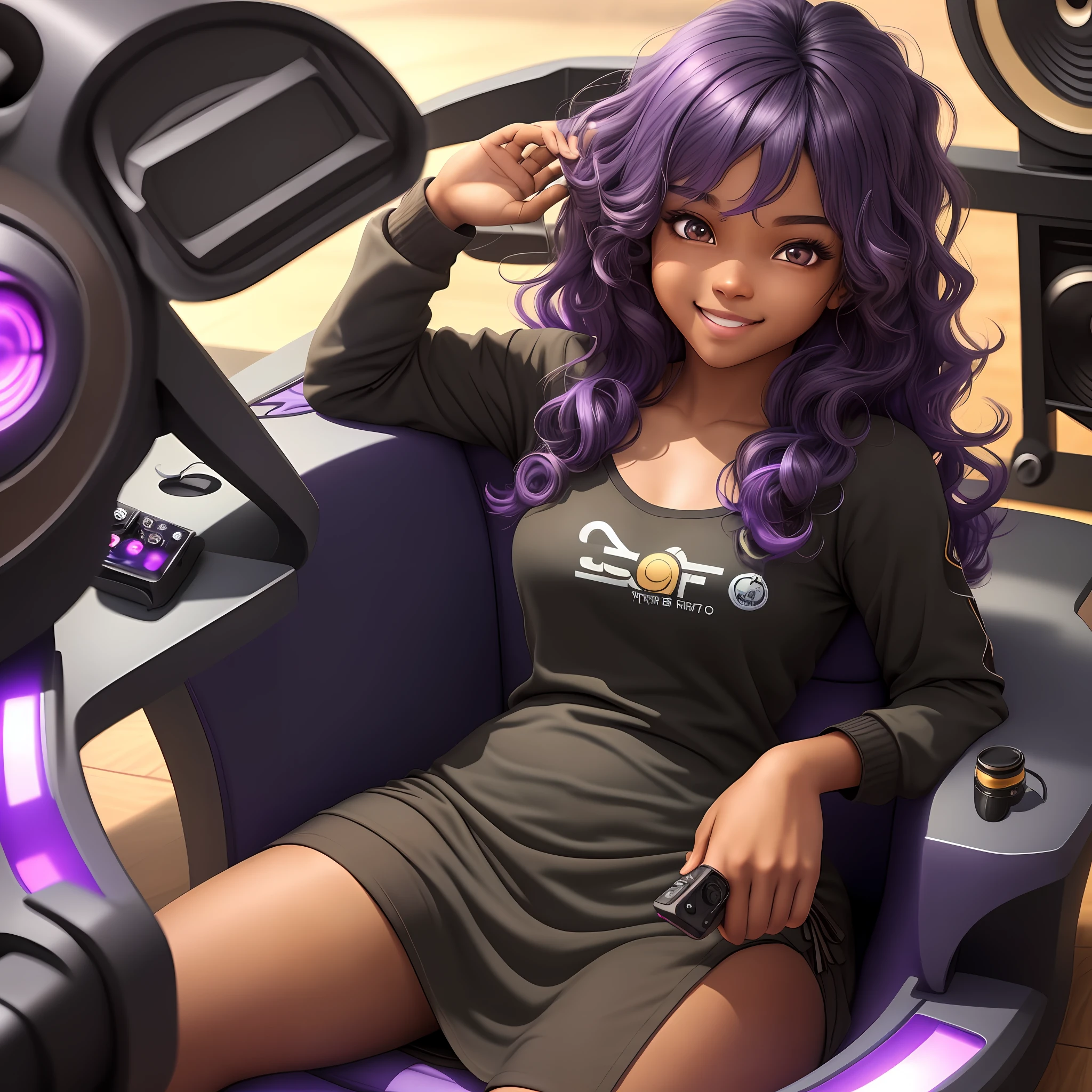 A cute girl with brown skin, sexy body, wavy purple hair [with shades of black], golden eyes ( bright ), ultra realistic eyes, playing video games alone, smile, sitting in a chair, no clothes, round face, realistic lighting, Radiosity, Close UP.
