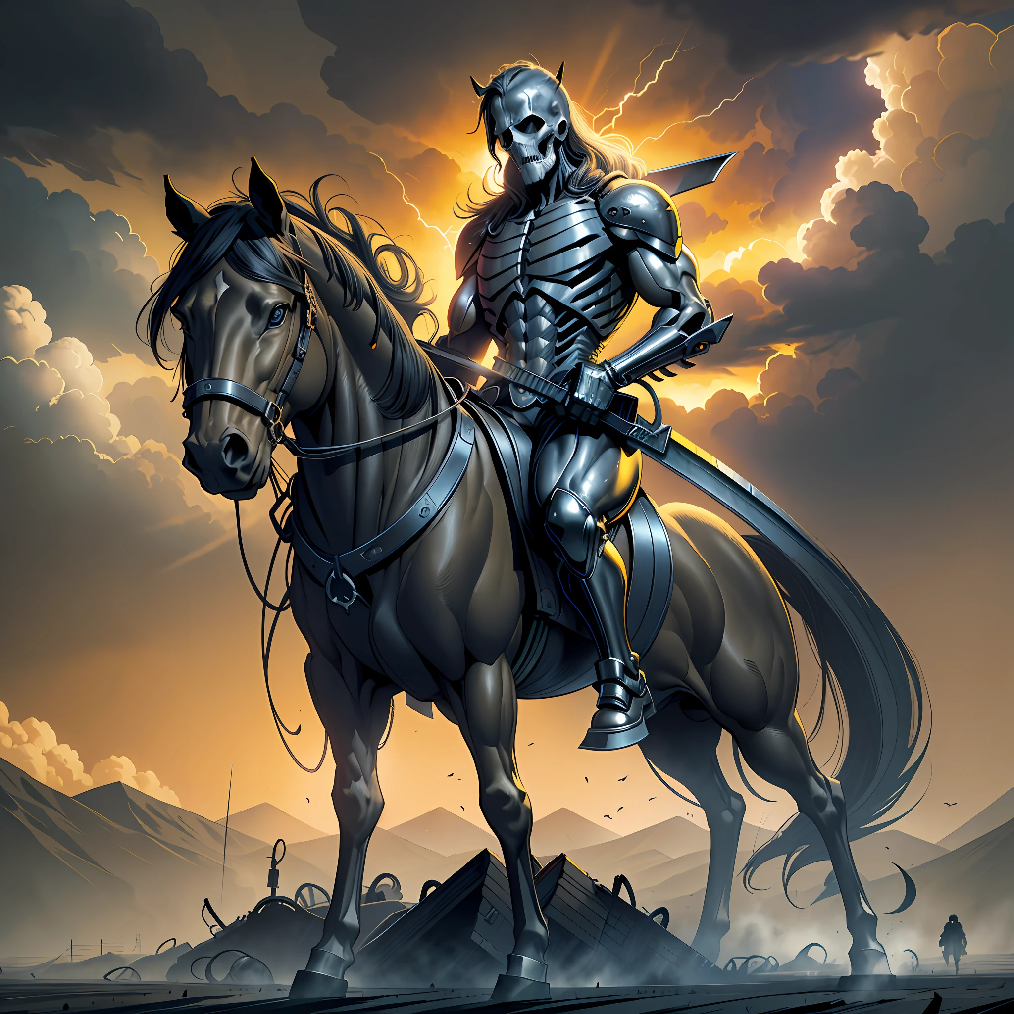 cartoon, ((a yellow horse)), (male death rider carrying a death scythe:1.15) , (stacked bodies:1.12), (desolate scenery:1.14)), cartoon style movie, cartoon, by Ron Walotsky, 90s cartoon, bodies, strong shadows, sky with dark clouds and war scenery, lightning and thunder, fire, dirt road at dusk, gradient sky, grotesque, dark, Scary, dark fantasy, mysterious atmosphere. --s2