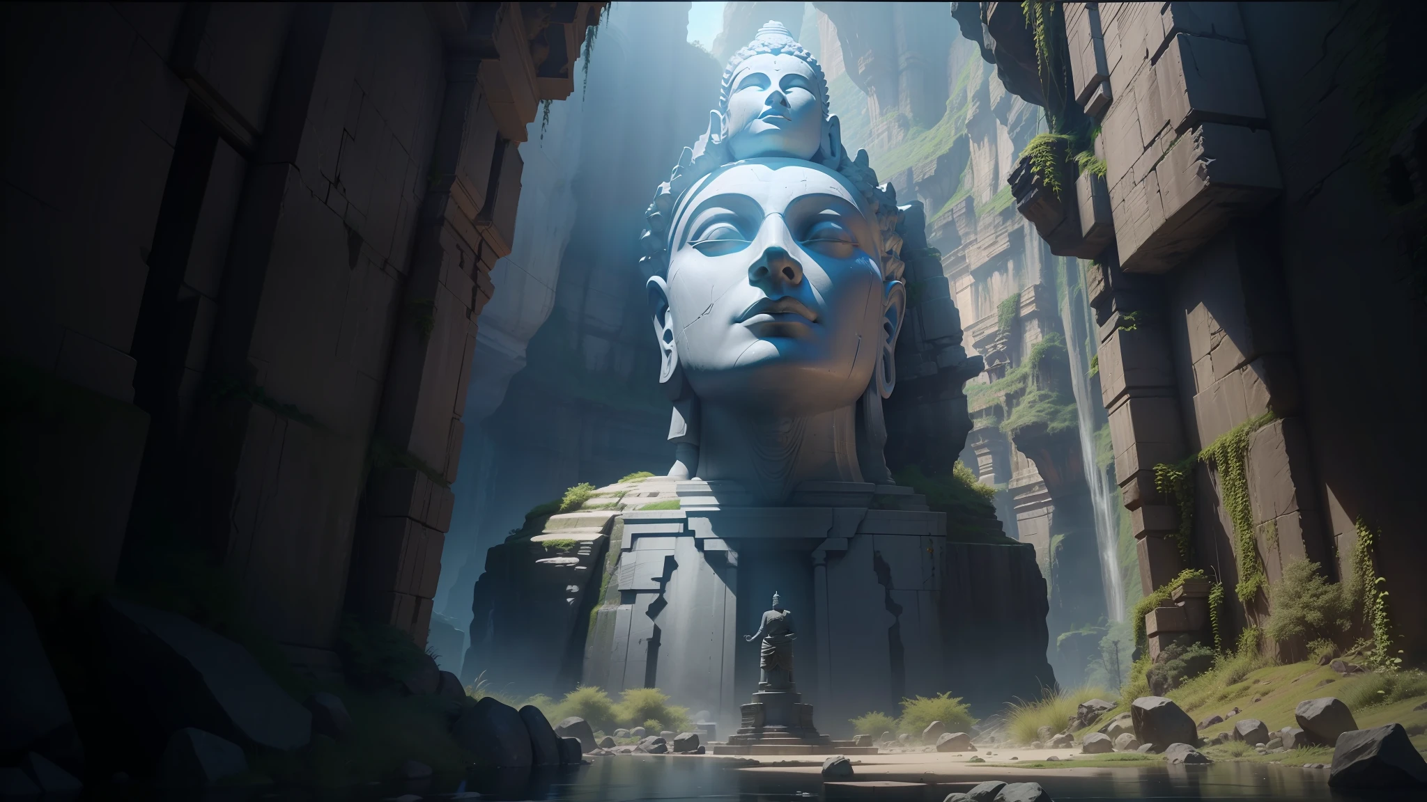 there is a large stone statue in the middle of a narrow canyon, rendered in unreal engine”, the lost city of atlantis, the buddha, video game screenshot, ash thorp, playstation 2 screenshot, still frame from prometheus, by Edward Baird, overgrown jungle ruins