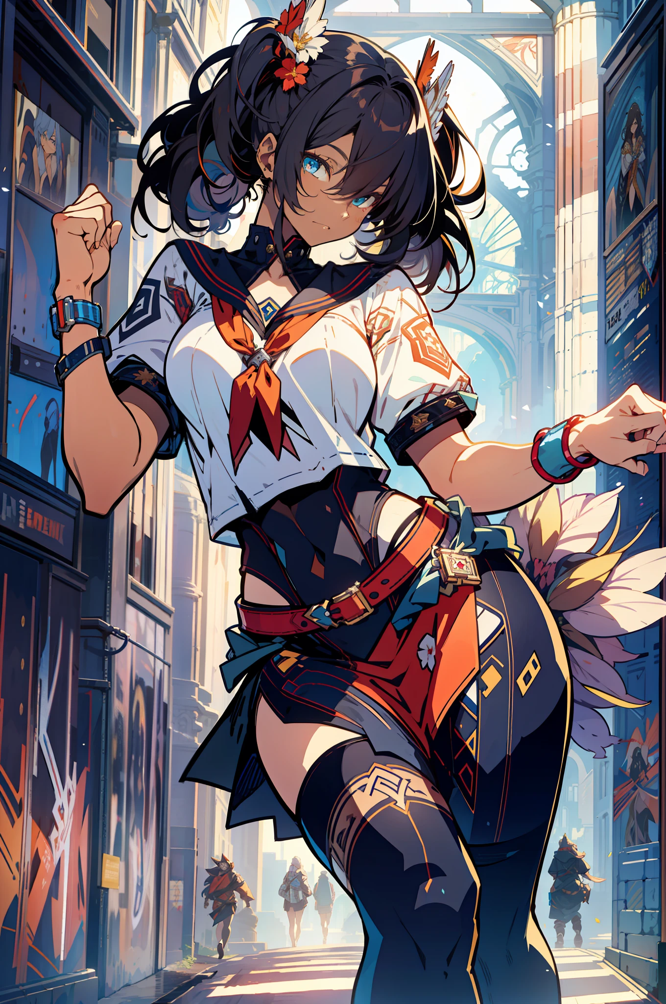 ::Kennedy and Daniel Sampere::2.0 Anime Gacha illustration style, tatoon style, comic book style, , beautiful woman with ultra detailed long hair and in various full-body attack poses, (beautiful and clear background: 1.2),, fantastic paintings, graffiti style, flowers, highly detailed eyes, a t-shirt or dress with a white blouse underneath, with both fists in fighting position, and bracelets, fighting an enemy, with long black hair, stained glass color, outside, vibrant, alphonse mucha style, fantastic paintings by Joe Madureira, high quality, art, ashley graham Beautiful woman with long red hair, freedom, soul, digital illustration, comic style, perfect anatomy, centered, approaching perfection, dynamic, highly detailed, watercolor painting, artstation, concept art, smooth, s (masterpiece, extremely_detailed_CG, 8k_wallpaper:1.2), black serafuku, dark-skinned female, white hair, sailor's collar, midriff, abs, _A_and_B, has blonde twintails and blue eyes, {masterpiece}, {extremely detailed}, Bgirl has short black hair and red eyes