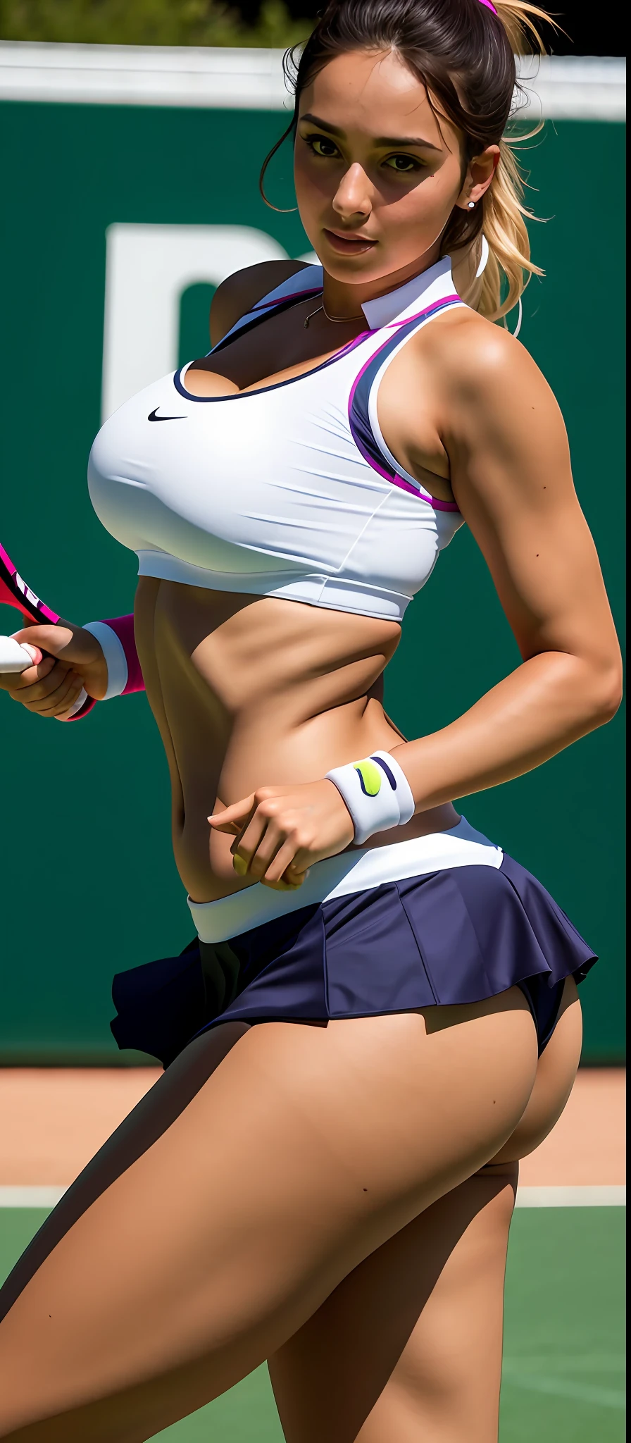 Create beautiful tennis woman (best quality) with thick legs and big butt (super detail), with blouse and skirt completely torn, displaying a beautiful body, the woman has a beautiful body, perfect physique, beautiful breasts and navel, with the racket in her hand hitting the ball