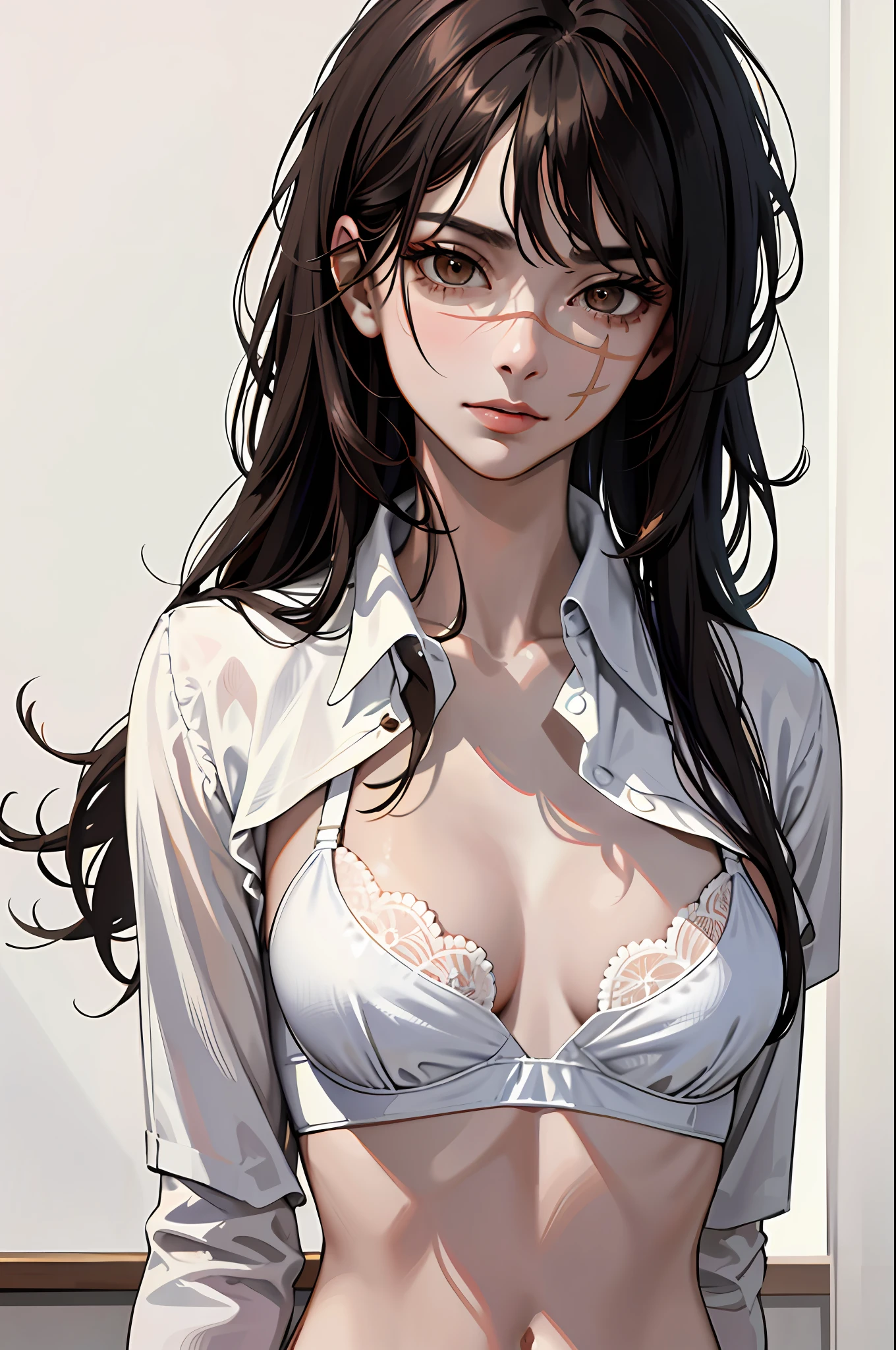 (masterpiece:1.2, best quality), 1lady, Yoru, solo, photorealistic, upper body, small breasts, focus on face, realistic, pastel painting, powerful, intelligent, sensual, detailed eyes (intimidating look, Brown eyes) well detailed, long black hair, best CG, Wearing school uniform, shirt with open top, white bra, perfect body, blood,