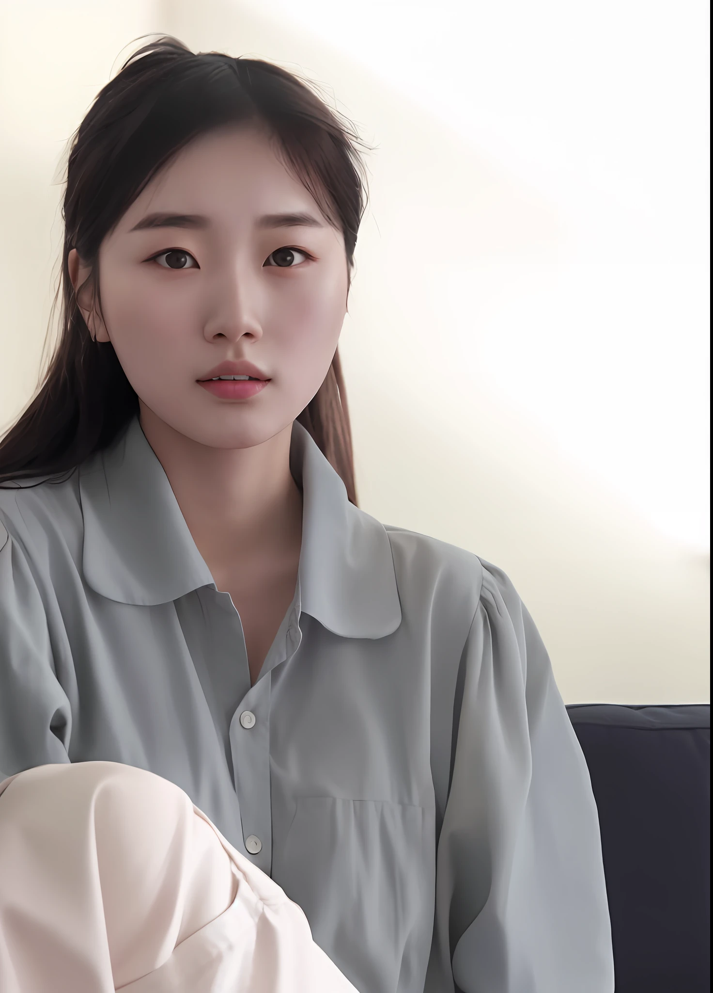 there is a woman sitting on a couch with a remote control, young adorable korean face, korean girl, jaeyeon nam, young cute wan asian face, beautiful south korean woman, female actress from korea, wan adorable korean face, korean woman, gorgeous young korean woman, cute korean actress, south east asian with round face, a young asian woman, young asian girl