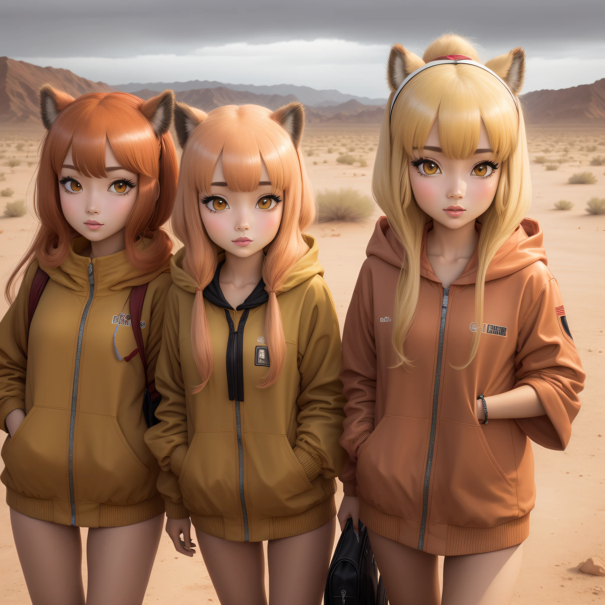 camel-faced girls. anime style. in a desert. rainy day.