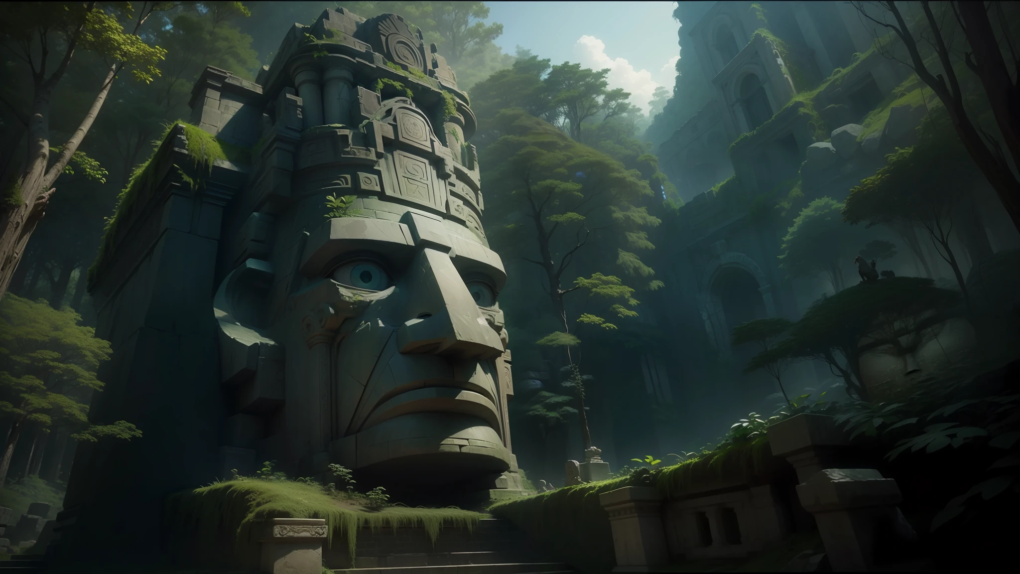 there is a large stone head in the middle of a forest, unreal maya, cinematic imax shot, epic architecture, face shown, ps 3, ruin, huge statues, quetzal, wallpapers, from lorax movie, north hemisphere, inspired by Henry Justice Ford, autodesk, wall