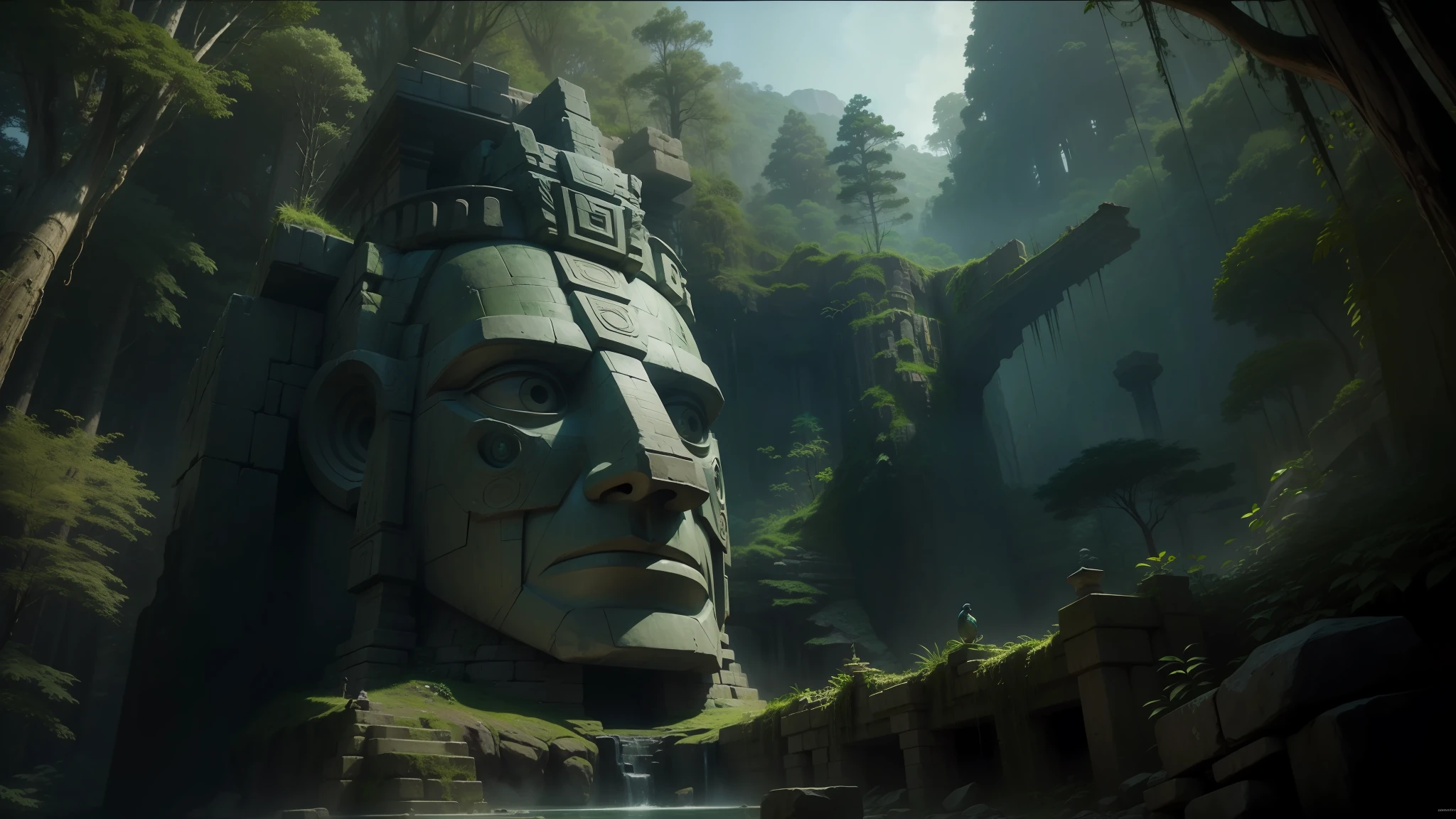 there is a large stone head in the middle of a forest, unreal maya, cinematic imax shot, epic architecture, face shown, ps 3, ruin, huge statues, quetzal, wallpapers, from lorax movie, north hemisphere, inspired by Henry Justice Ford, autodesk, wall
