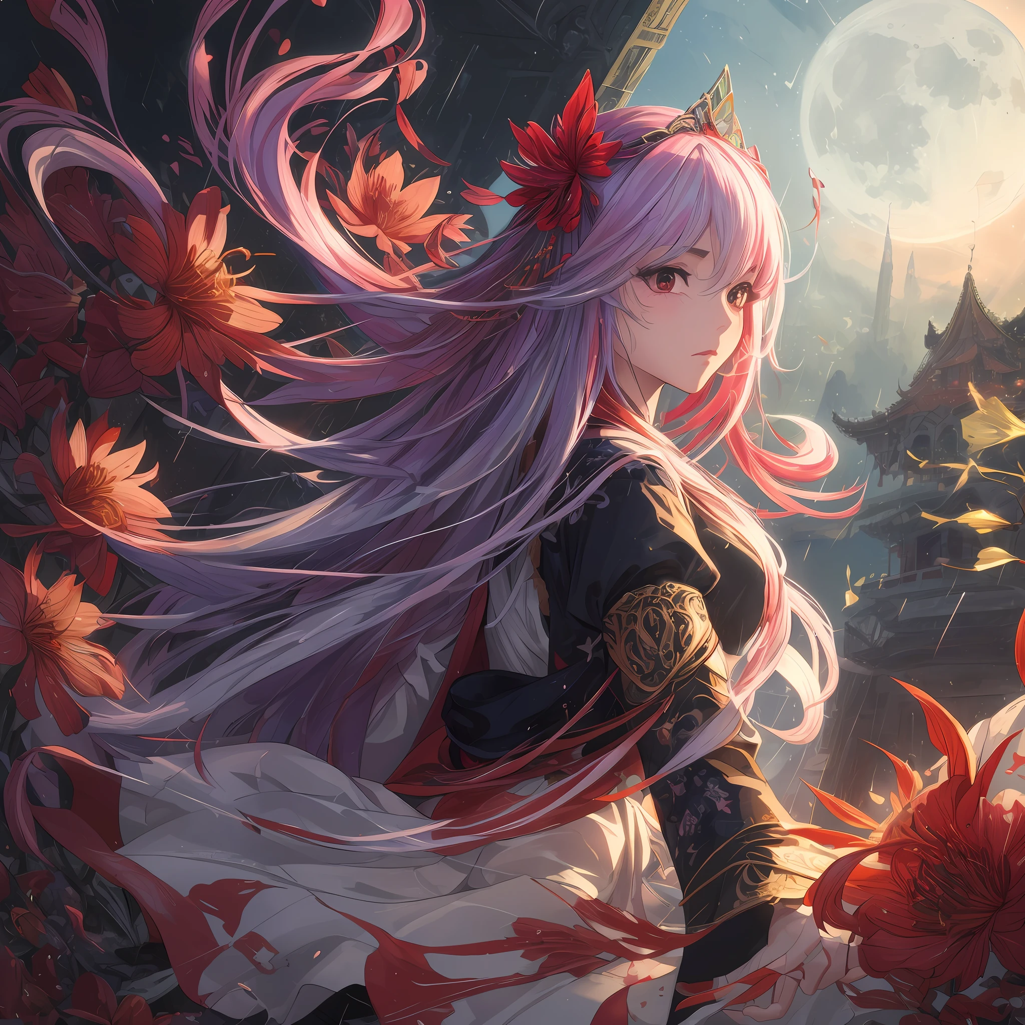 (8k, RAW photo:1.2),best quality, ultra-high resolution,dramatic angle,(detailed color splashes fluttered), (illustration),(((1 girl))),(long hair),(rain:0.9), (hair decoration: 1.4), next to the girl ancient palace, Chinese clothes, (focus), colored ink, (colored splashes), multicolored splashes, (((colorful))), (sketch: 0.8) , Masterpiece, best quality, beautifully drawn, very detailed, (noise reduction: 0.6), [ink splash], ((ink refraction)), (beautiful  detailed sky), moon, very, detailed, (masterpiece, best quality, extremely detailed CG Unity 8k wallpaper, masterpiece, best quality, ultra-detailed, (Lycoris radiata)