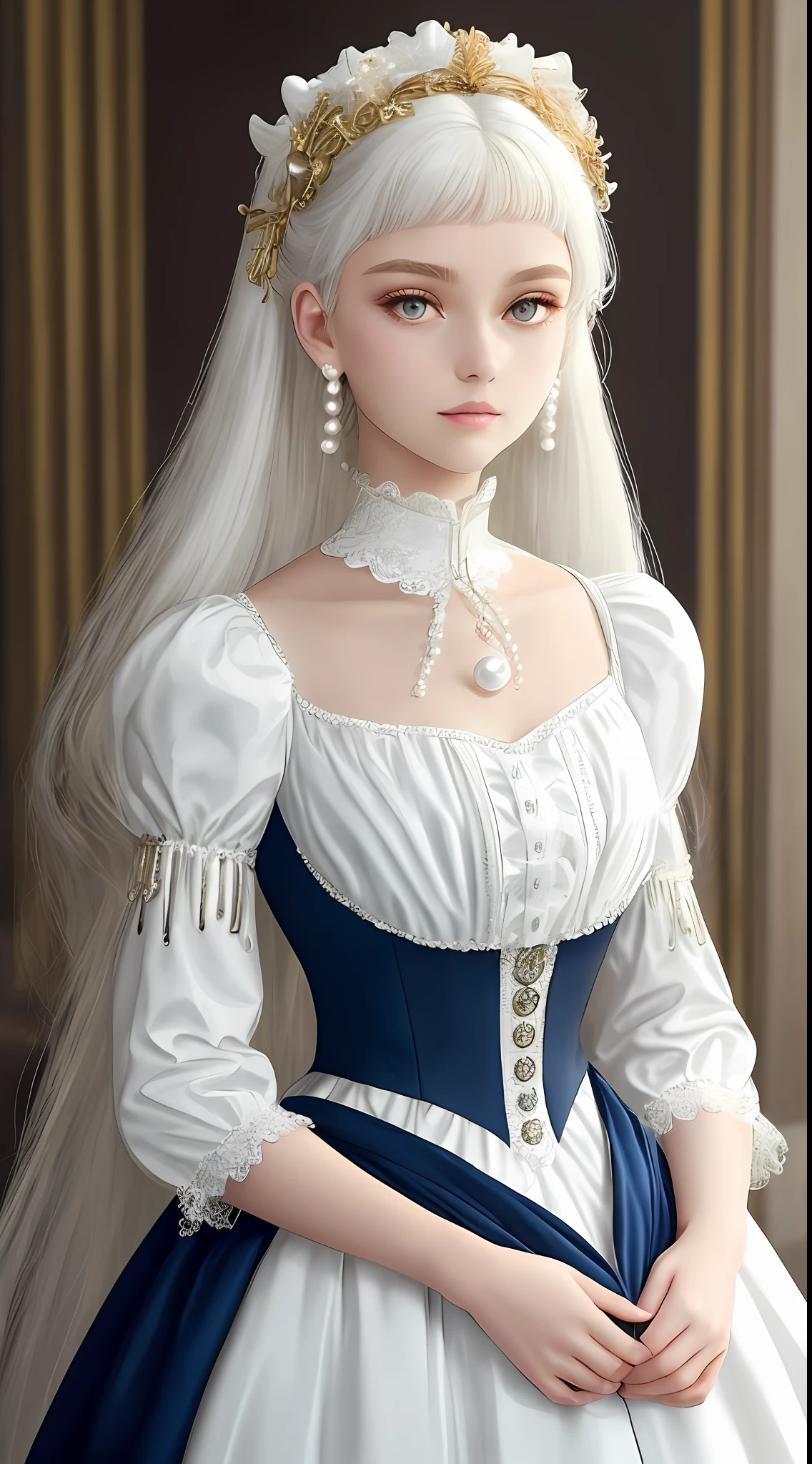 Woman with golden eyes, platinum hair girl, pearl brooch in hair, Beautiful woman, White Victorian dress with white ties, Details with white frills on the dress,Light Summer Victorian Dress, lace collar with a Sky Blue ribbon on the neck , 18 year old girl, mixed race European girl with Korean and Greek features,((best quality)), ((masterpiece)), (high-resolution:1.2), Long hair, side bangs, pearl hair clip, trendy hairstyle,