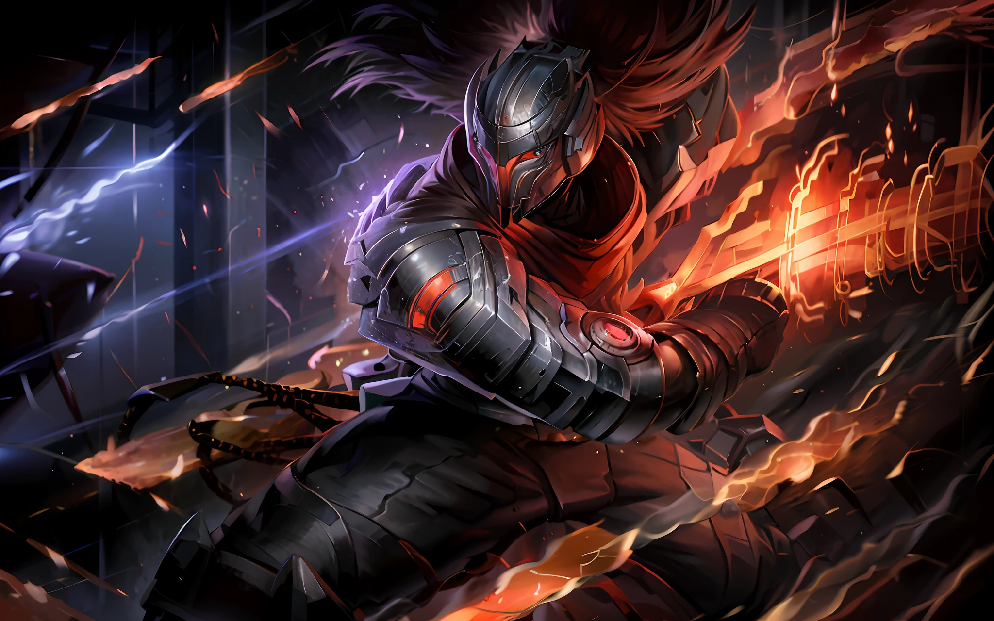 a man with a sword in his hand and a demon on his back with wings on his back, in a dark, demonic setting, (1boy:0.654), (armor:0.888), (burning:0.603), (embers:0.734), (explosion:0.649), (fire:0.992), (flame:0.709), (flaming sword:0.817), (flaming weapon:0.837), (gauntlets:0.514), (glowing:0.583), (helmet:0.702), (holding:0.799), (holding sword:0.648), (holding weapon:0.590), (solo:0.707), (sparks:0.714), (sword:0.922), (weapon:0.970)