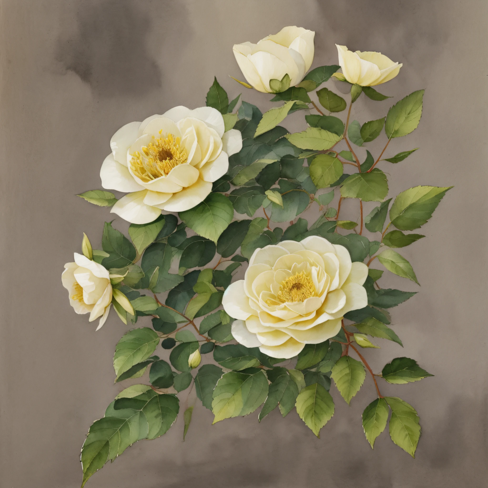 watercolor, dogrose flowers, leaves, high contrast, muted, yellow berries --auto --s2