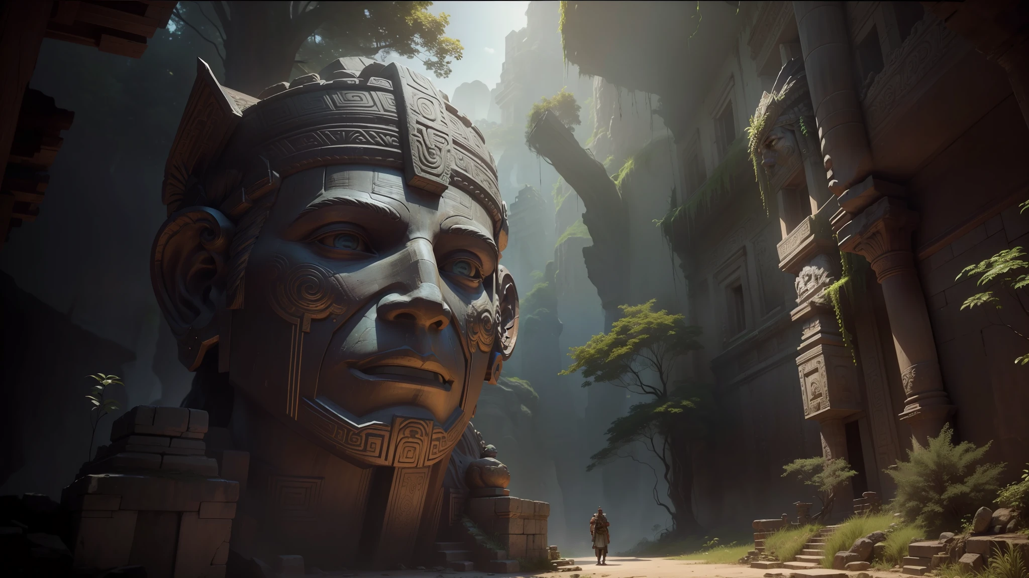 there is a large wooden statue in the middle of a narrow path, cinematic still in adam | unity, portrait of apex legends, jungle background with ruins, mayan god, giant tomb structures, 4k resolution very detailed, cascade helmet, inspired by Henri-Julien Dumont, angkor, video game still