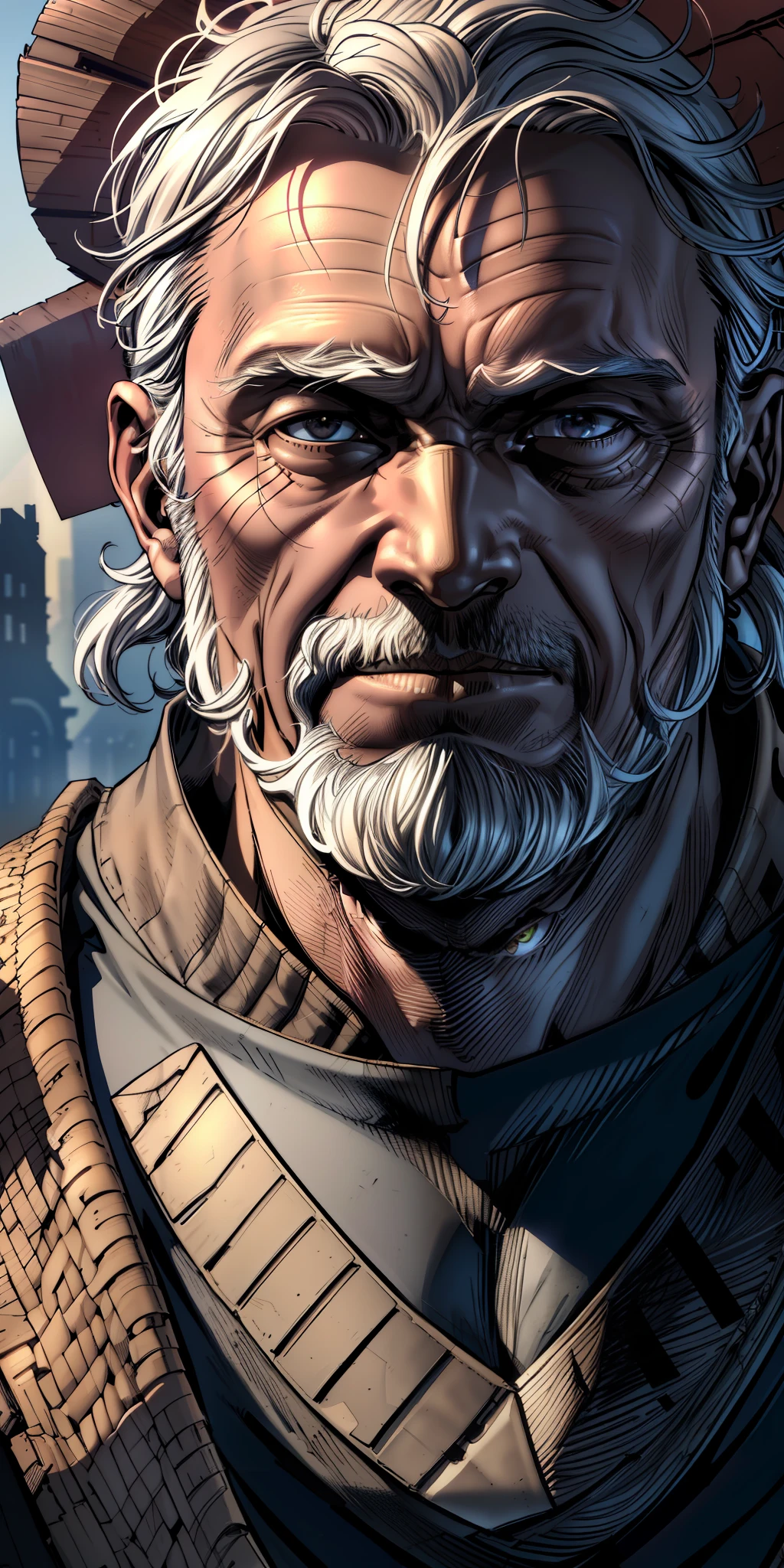 (extremely detailed CG unity 8k wallpaper, masterpiece, best quality, ultra-detailed), (hidden in the shadows, light shining on his face), wrinkled skin, grey hair, (old man), looking into space, (shanty town, dirty river) in the background.