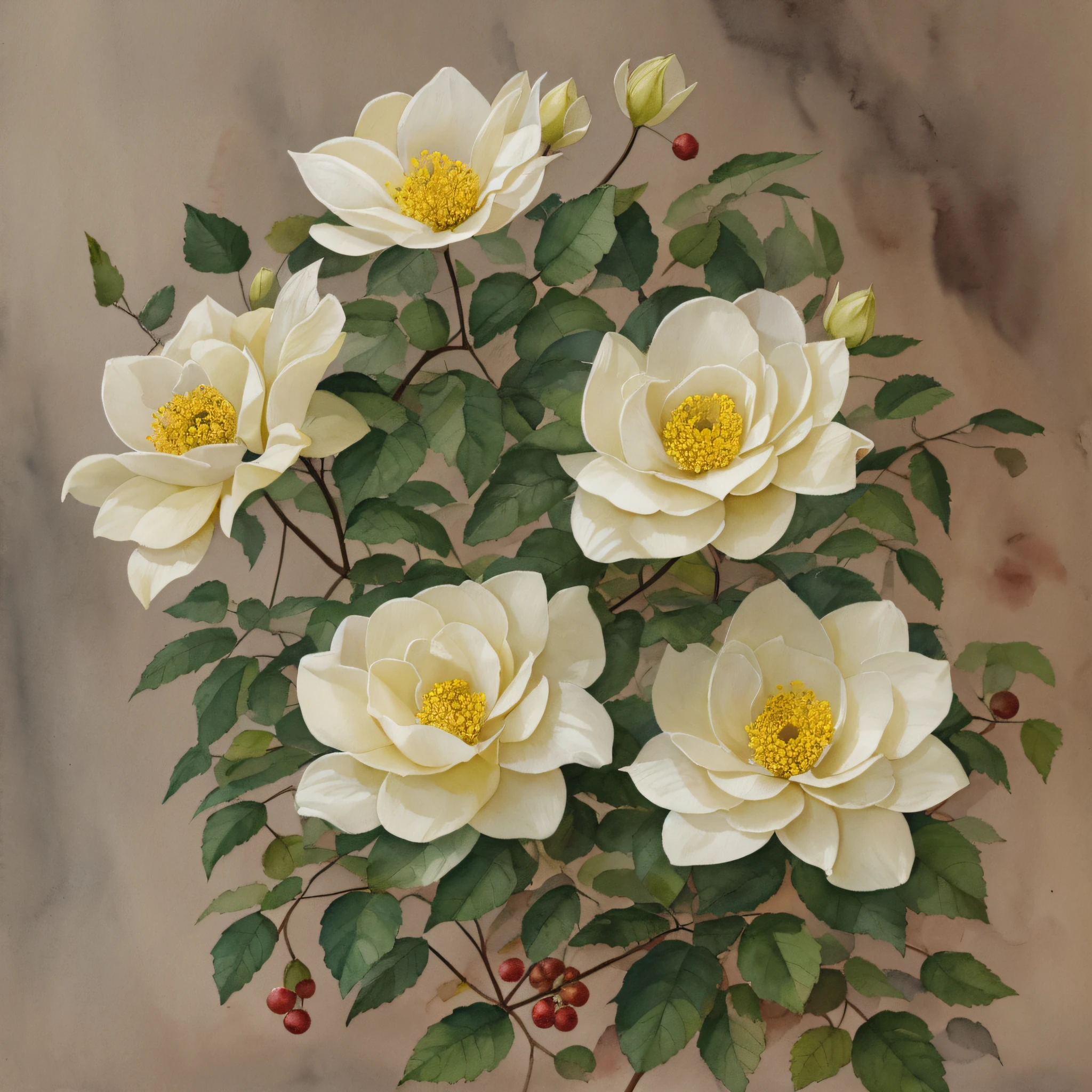 watercolor, dogrose flowers, leaves, high contrast, muted, yellow berries --auto --s2