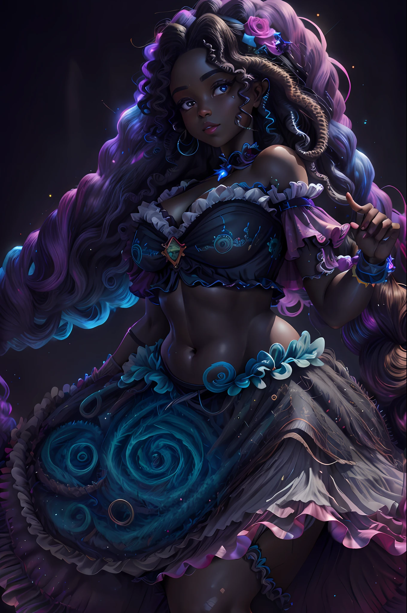 Afro-textured hair, sparkling eyes, dark skin, extreme long curly messed hair, cute jiggly fat round belly voluptuous body, heterochromia eyes, really curly hair, dark skin, round belly voluptuous body, frills, ribbons, floral embroidery, neon rainbow stockings and long gloves, cute neon rainbow panties with embroidery, choker, wearing a neon rainbow garter belt, ripped costume, spirals00d, close up, beautiful woman,