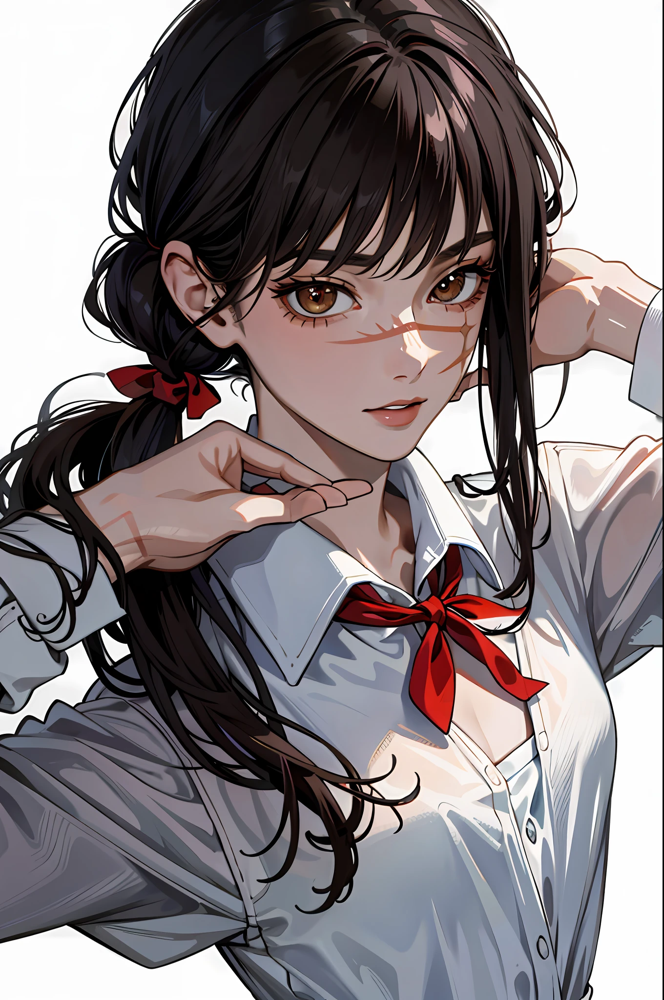 (masterpiece:1.2, best quality), 1lady, Yoru, solo, photorealistic, upper body, small breasts, focus on face, realistic, pastel painting, powerful, intelligent, sensual, detailed eyes (intimidating look, brown eyes) well detailed, black hair, hair tied, hair tied at the end, red ribbon in the hair, best CG, Wearing school uniform, shirt with open top, white bra, perfect body, blood,