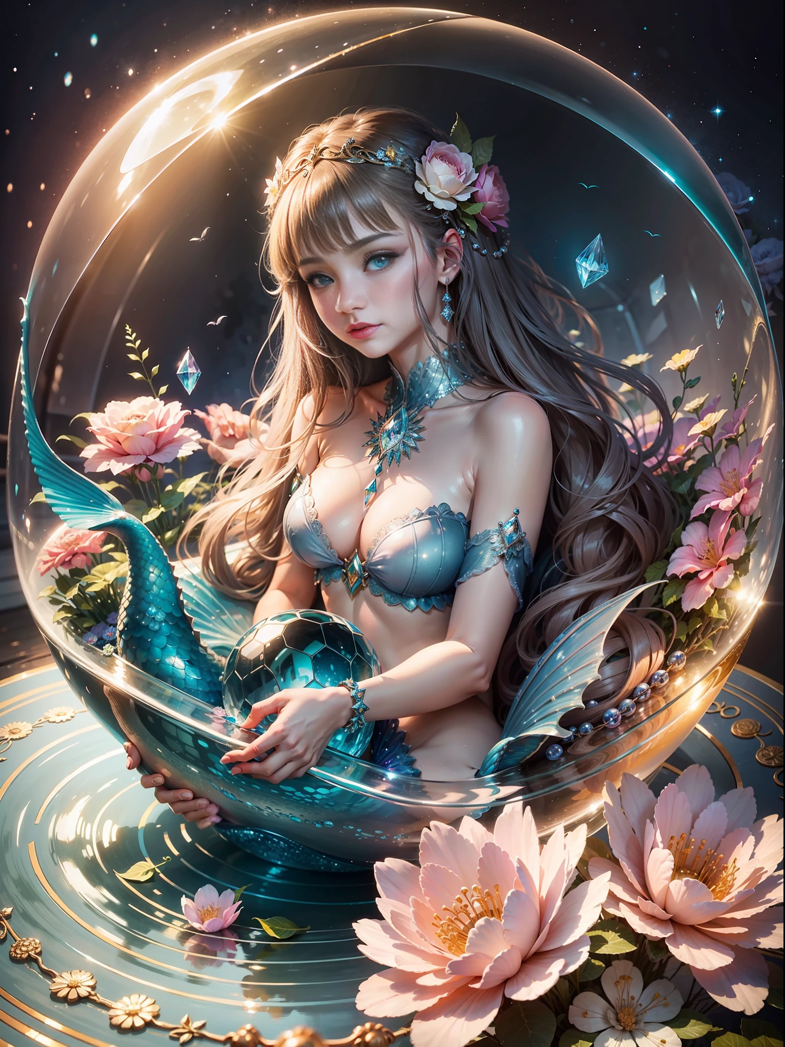 4k, detailed, detailed face, draw face, beautiful mermaid sitting in a crystal sphere, girl placed inside the sphere, beautiful flowers, magic