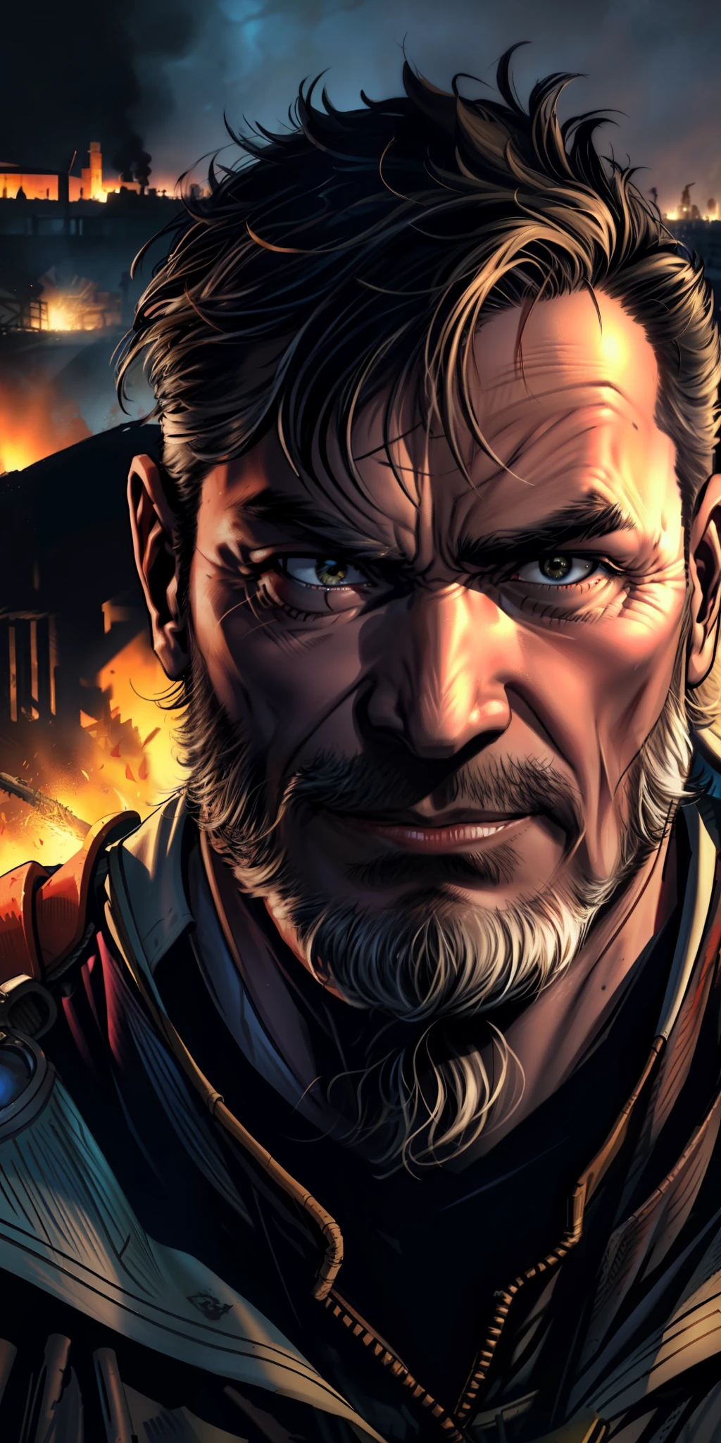 A close-up of a  huck old man's face, illuminated by the light of a fire, with a backdrop of a dirty river and a shanty town.