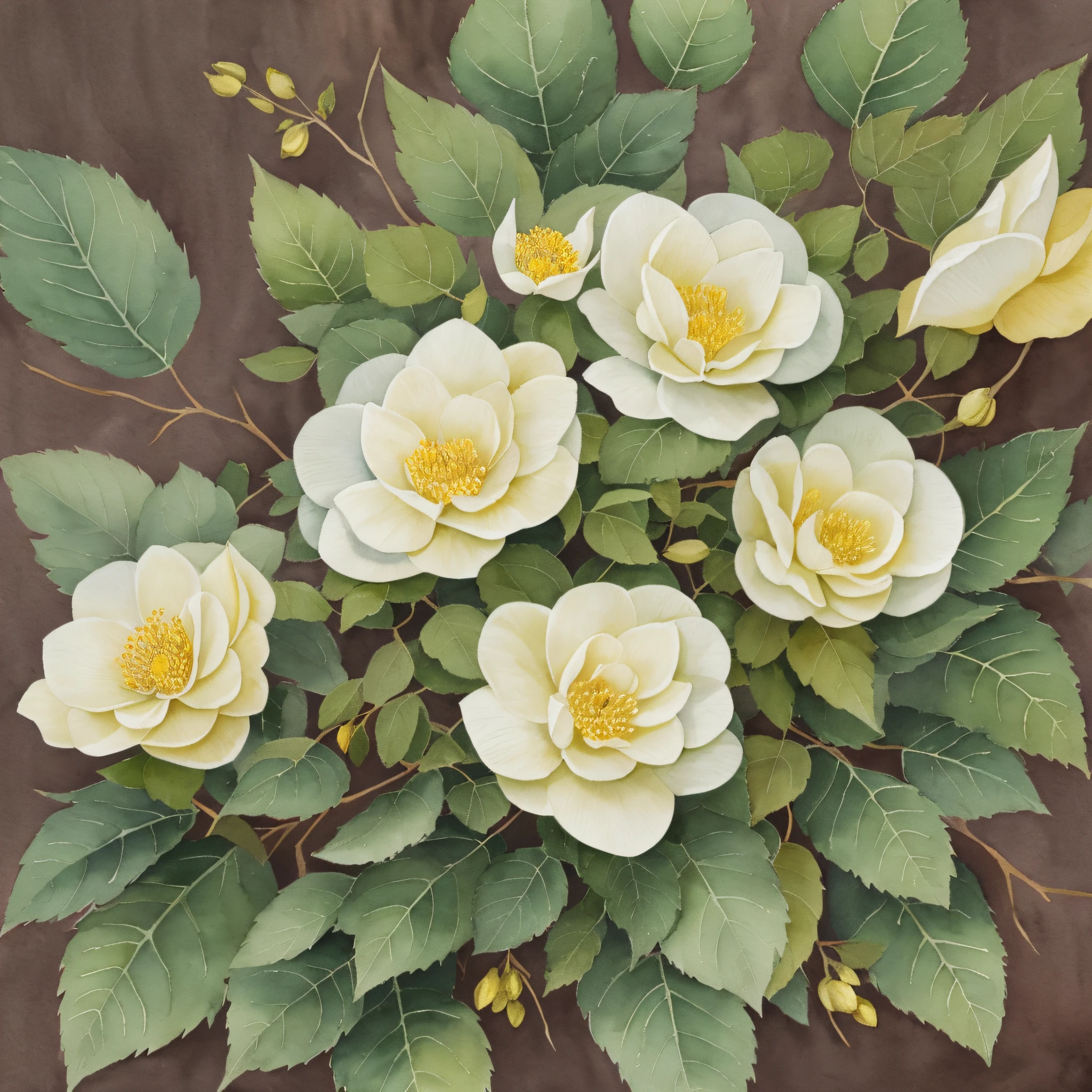 watercolor, dogrose flowers, leaves, high contrast, muted, yellow berries --auto --s2