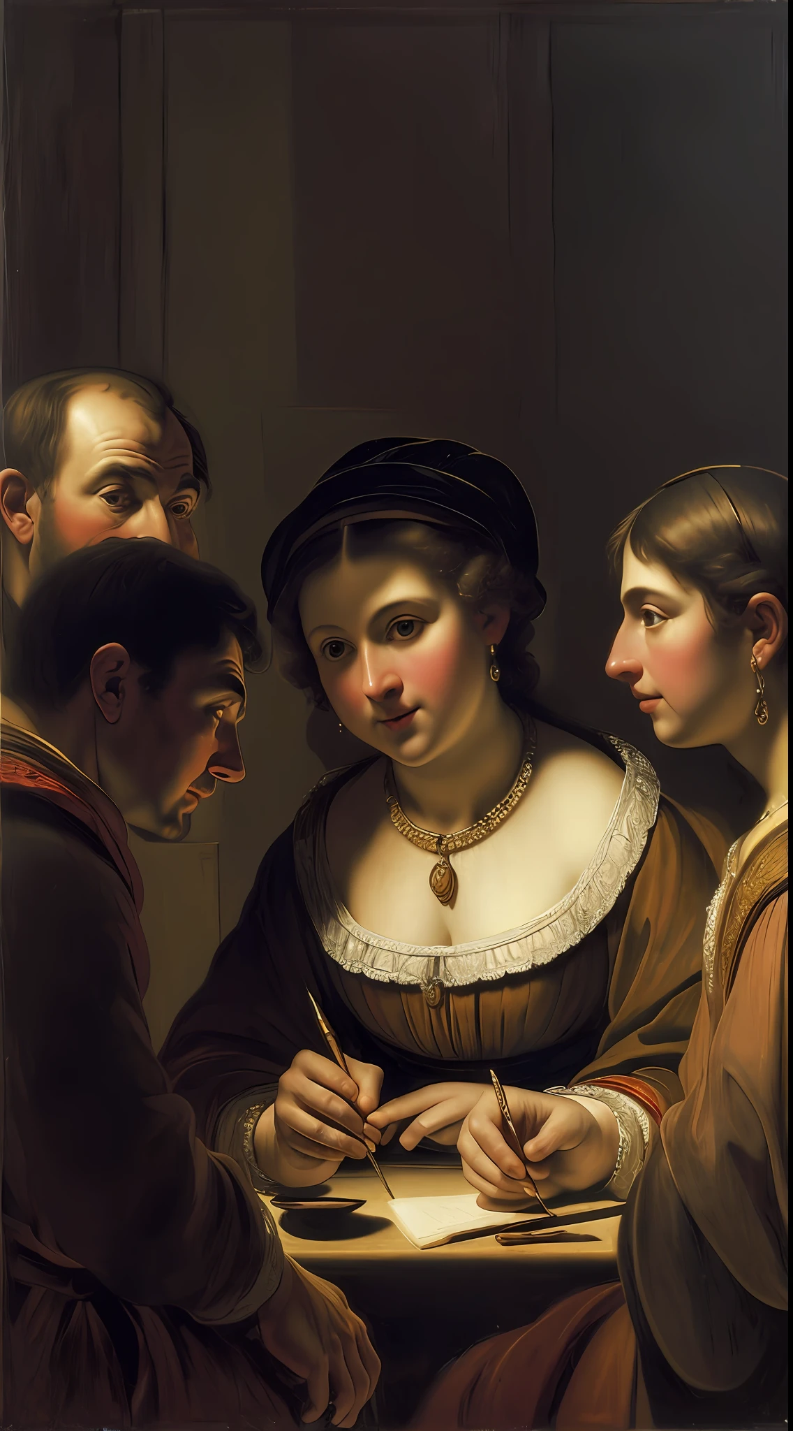 ((best quality), (masterpiece), (detailed), medium close-up:1.2), a room illuminated by a soft and diffuse light, people chatting animatedly around a table, striking facial expressions and expressive gestures, predominance of earthy tones and deep shadows, clear influences from the works of Rembrandt and Caravaggio, capturing the dramatic atmosphere of the moment.