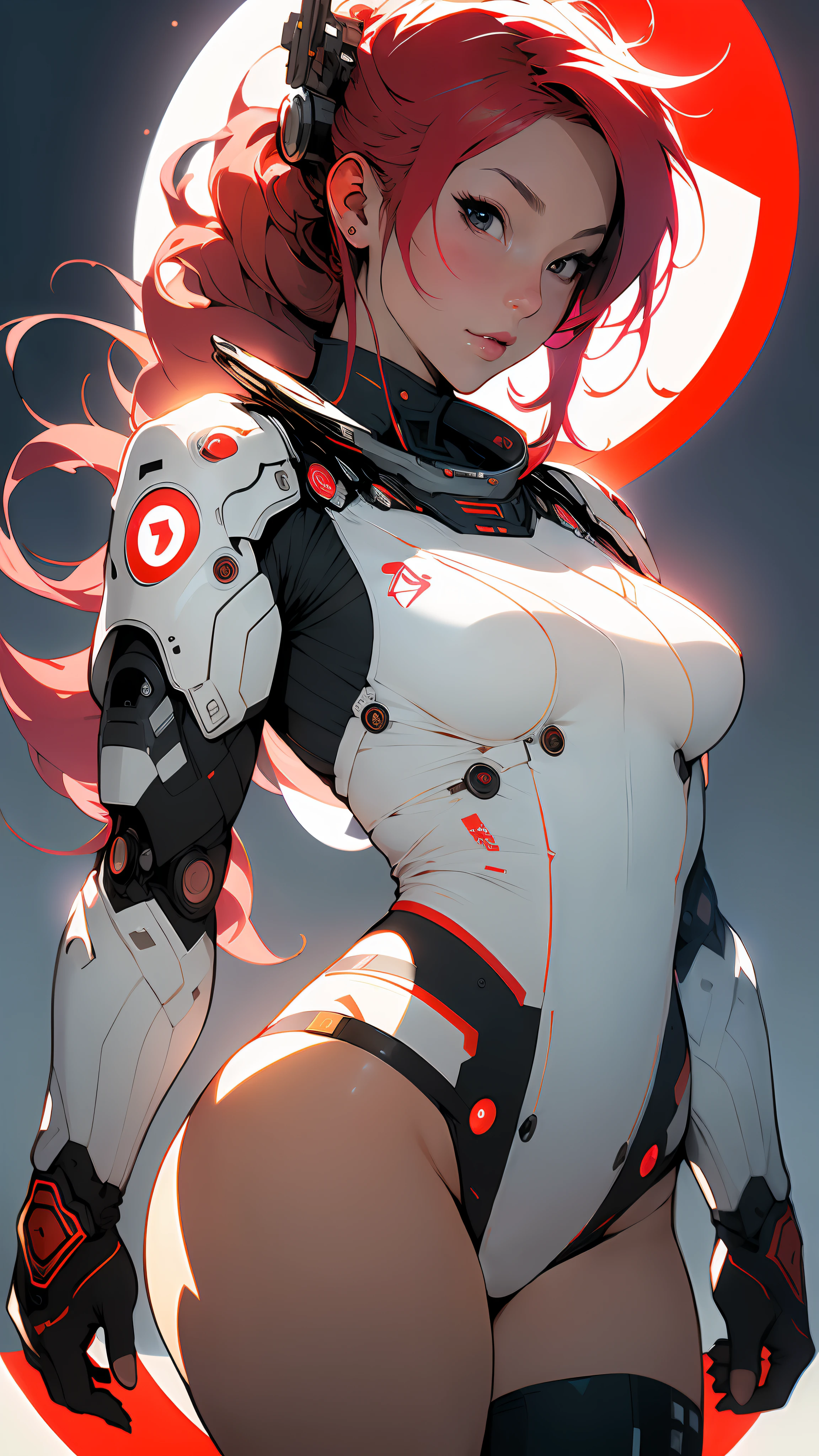 ((Best quality)), ((masterpiece)), (detailed: 1.4), Absurd, Japanese female fighter pilot ready for war, muscular body defined, half-thick bare thighs, closed mouth, only in panties, muscular body parts covered by technological clothing, (((medium breasts)) perfect, generous neckline, ((white clothing with a large red circle in the center)), Japan, pastel, Blue hair Up to the shoulder, a robotic arm, oriental eyes pulled, short underwear, garter belt, by mucha, niji --V5, close to real, best quality, almost naked, psychopath, crazy face, sexy pose, 2 piece clothes, dragon designs on the arms, cyberpunk, airplane wings on the back, samurai shoulder pad, red bra and white panties, symbol of the rising sun, red circle on white, red and white stripes on arms, pointed shoulder pads, black eyes pulled without pupils, HDR (High Dynamic Range),Ray Tracing,NVIDIA RTX,Super-Resolution,Unreal 5,Subsurface dispersion, PBR texture, Post-processing, Anisotropic filtering, Depth of field, Maximum clarity and sharpness, Multilayer textures, Albedo and specular maps, Surface shading, Accurate simulation of light-material interaction, Perfect proportions, Octane Render, Two-tone lighting, Wide aperture, Low ISO, White balance, Rule of thirds, 8K