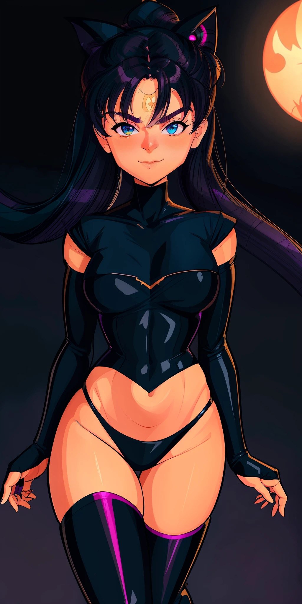 (extremely detailed CG unity 8k wallpaper, masterpiece, best quality, ultra-detailed), (neon, watercolor, chiaroscuro, Sailor Moon, Batman, pop, cyber), (1 girl), dynamic angle, dynamic pose, purple hair, black sailor uniform, high boots, thin waist, crescent moon, cyberpunk atmosphere, neon cityscape.