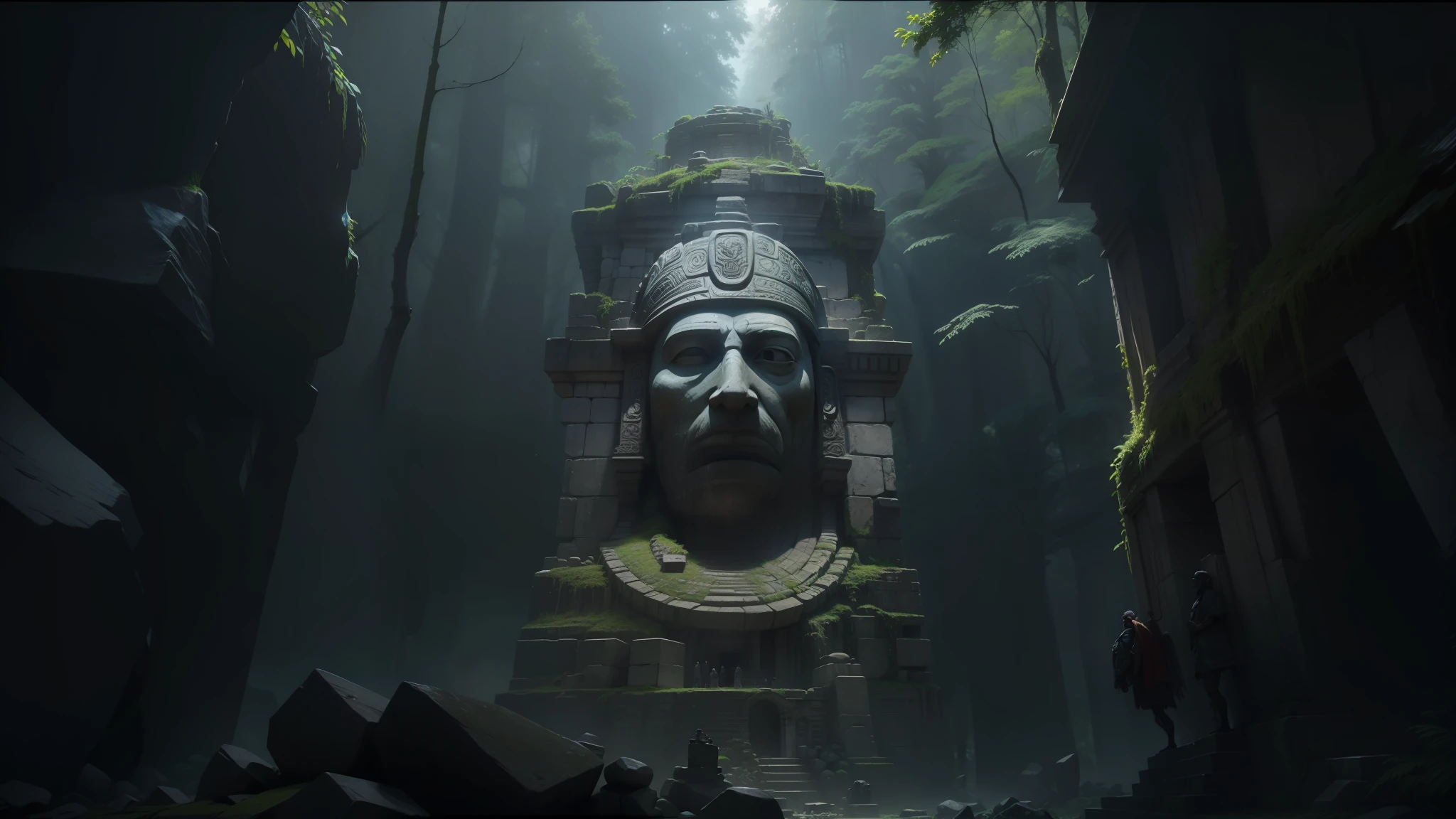 there is a large stone head in the middle of a forest, unreal maya, cinematic imax shot, epic architecture, face shown, ps 3, ruin, huge statues, quetzal, wallpapers, from lorax movie, north hemisphere, inspired by Henry Justice Ford, autodesk, wall