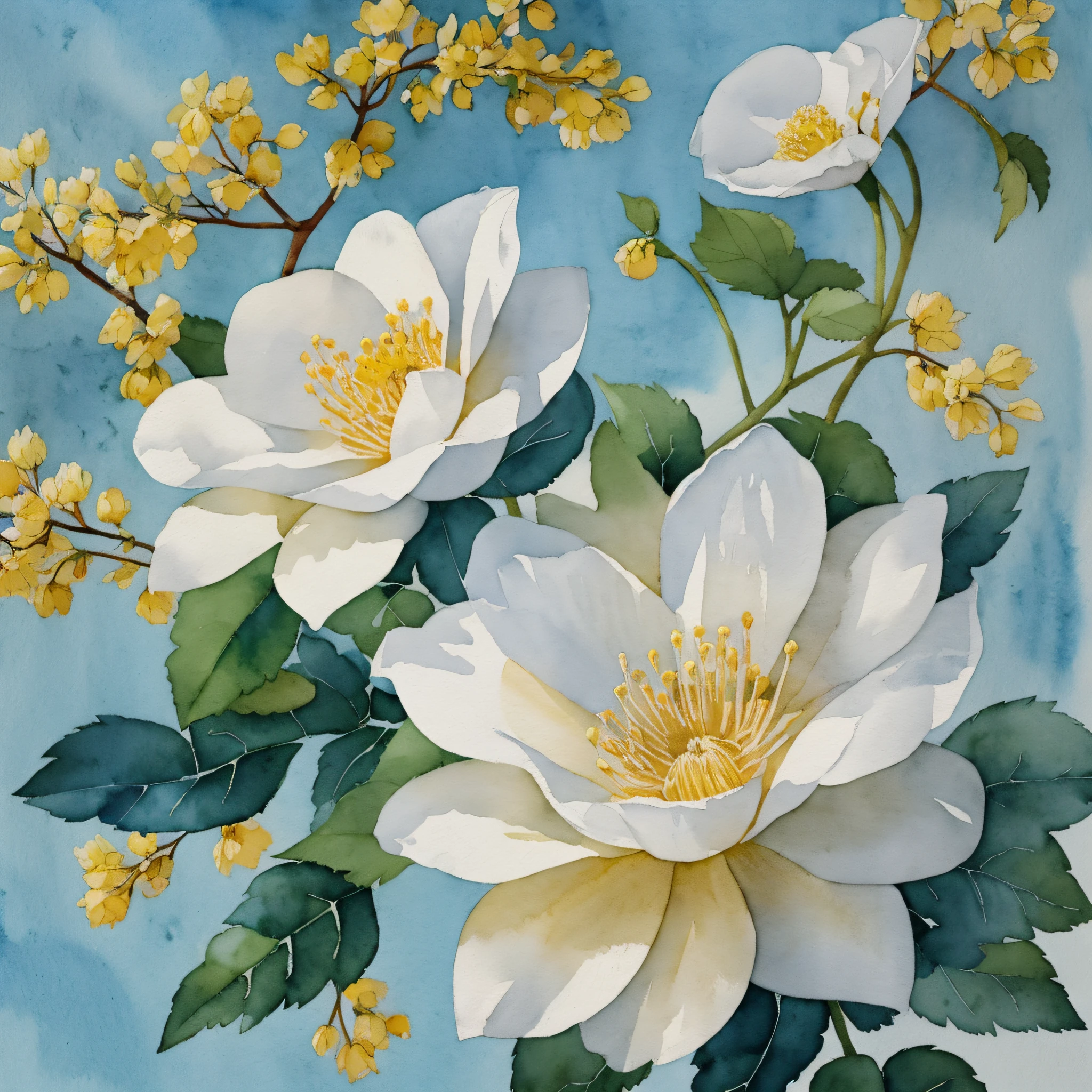 watercolor, dogrose flowers, leaves, high contrast, muted, yellow berries, light blue background --auto --s2