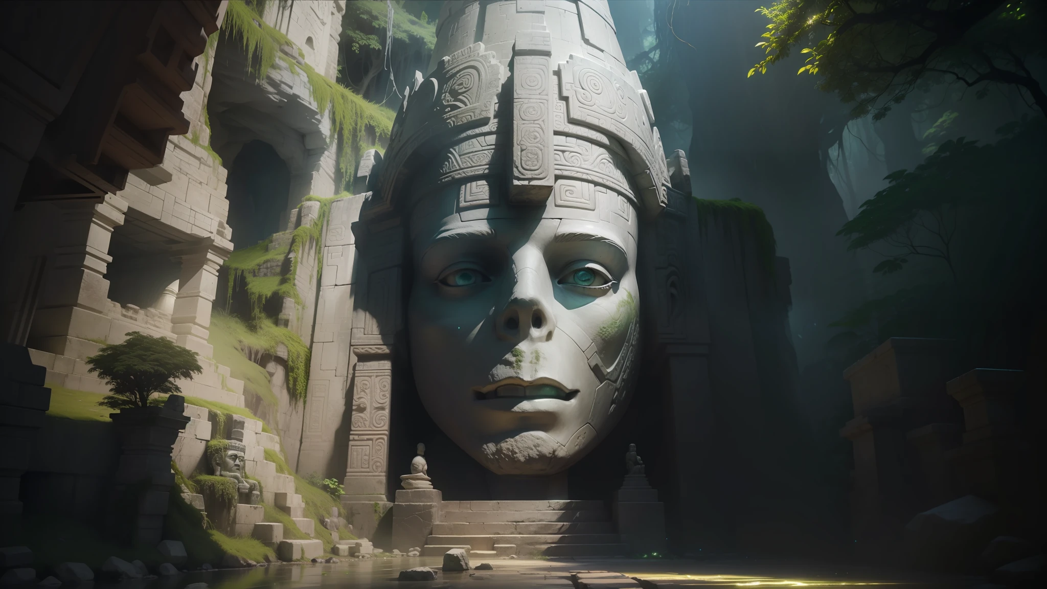 a close up of a statue in a cave with a light coming from it, in a movie still cinematic, mayan temple in the jungle, nvidia promotional image, mossy overgrowth, the temple of truth is white, tombs, face shown, 2 d cg, ancient tree, huge statues