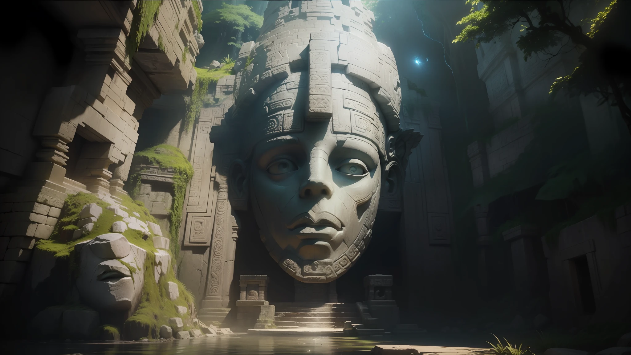 a close up of a statue in a cave with a light coming from it, in a movie still cinematic, mayan temple in the jungle, nvidia promotional image, mossy overgrowth, the temple of truth is white, tombs, face shown, 2 d cg, ancient tree, huge statues