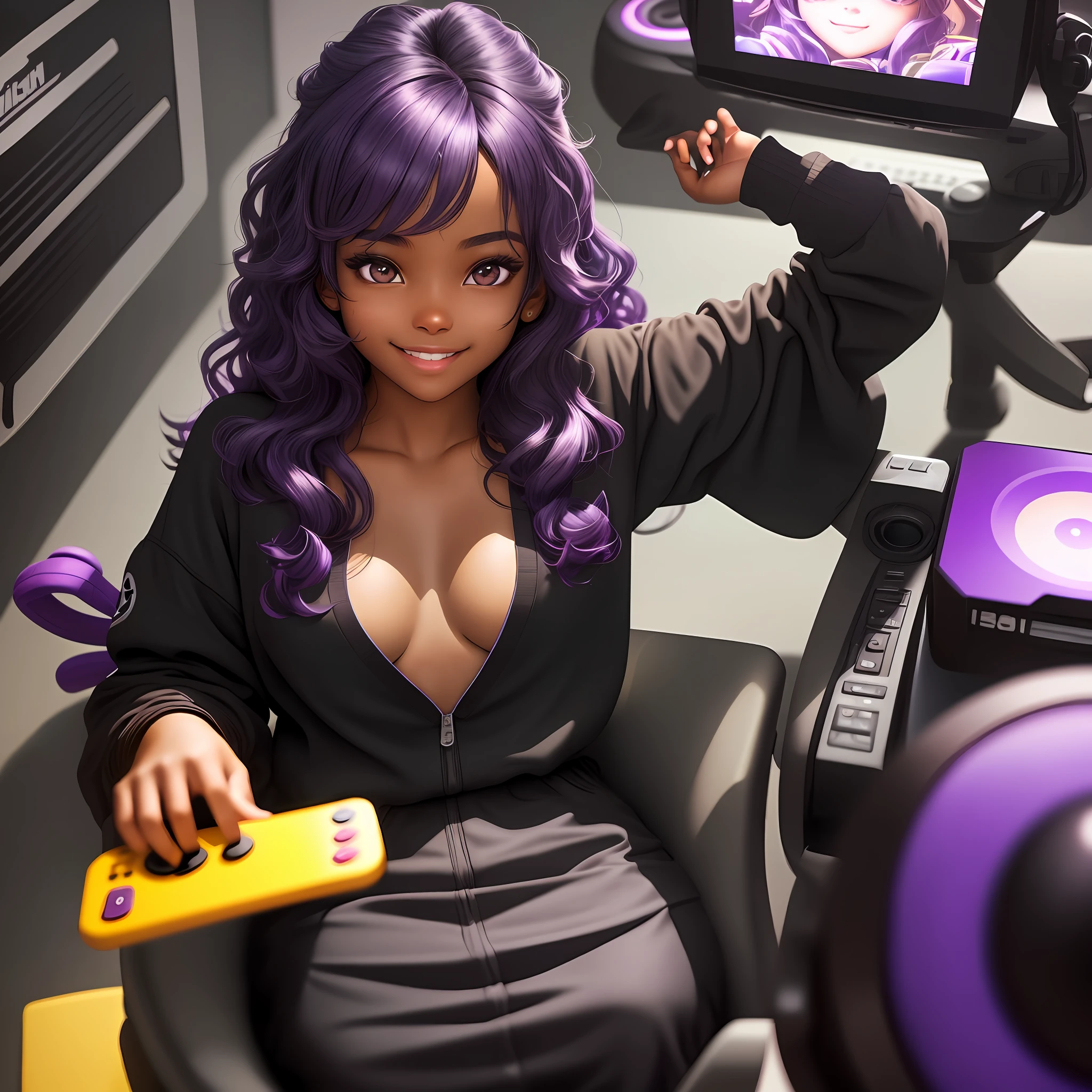 A cute girl with brown skin, sexy body, wavy purple hair [with shades of black], golden eyes ( bright ), ultra realistic eyes, playing video games alone, smile, sitting in a chair, no clothes, round face, realistic lighting, Radiosity, Close UP.