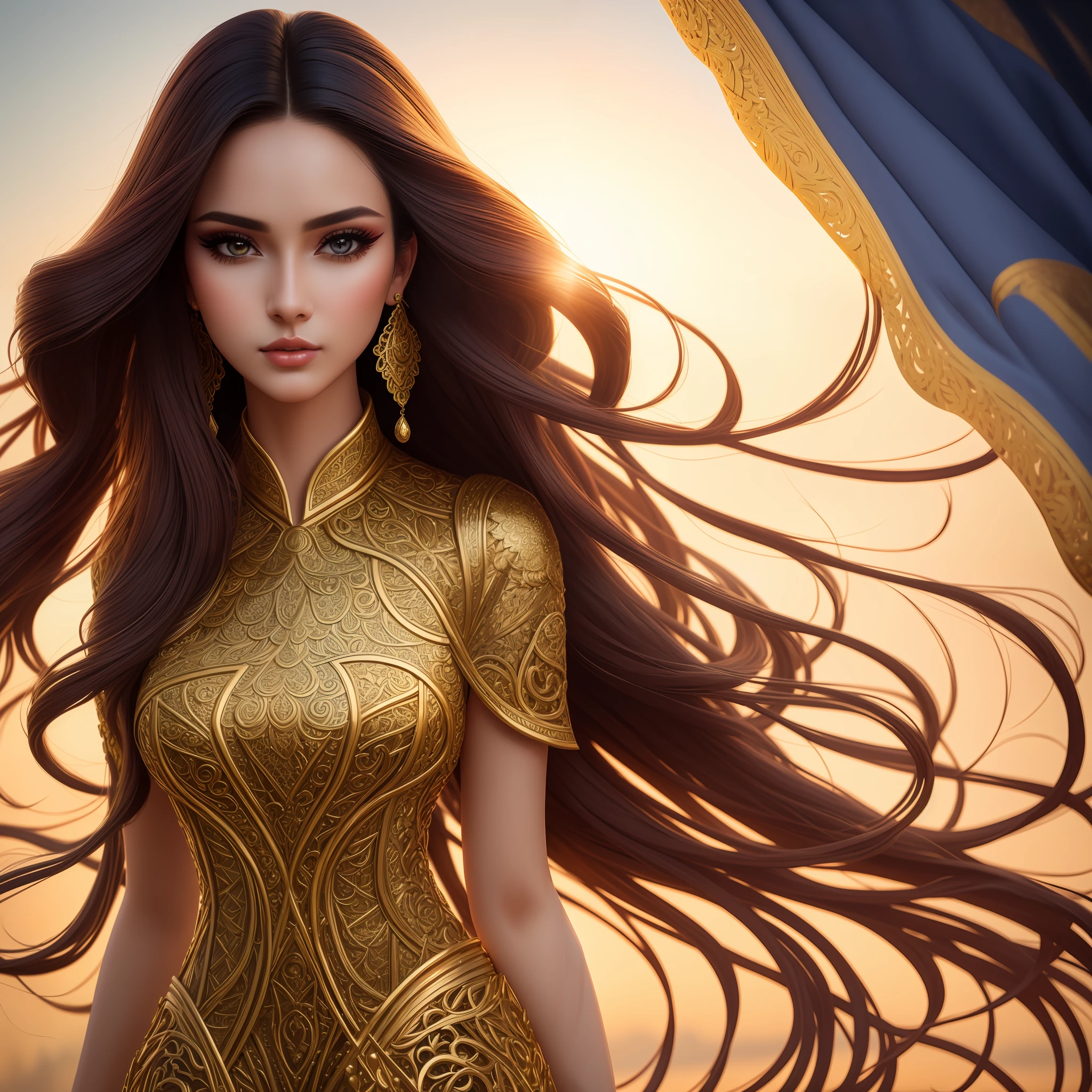 Photograph of a woman. Natural skin, long and voluminous hair, sharp eyes, a thin and upturned nose, shapely lips, an hourglass body shape, typical clothes and makeup, intricately maximalist-detailed, vibrant, epic, smooth, cinematic, 4K, backlit, and a shallow depth of field.
