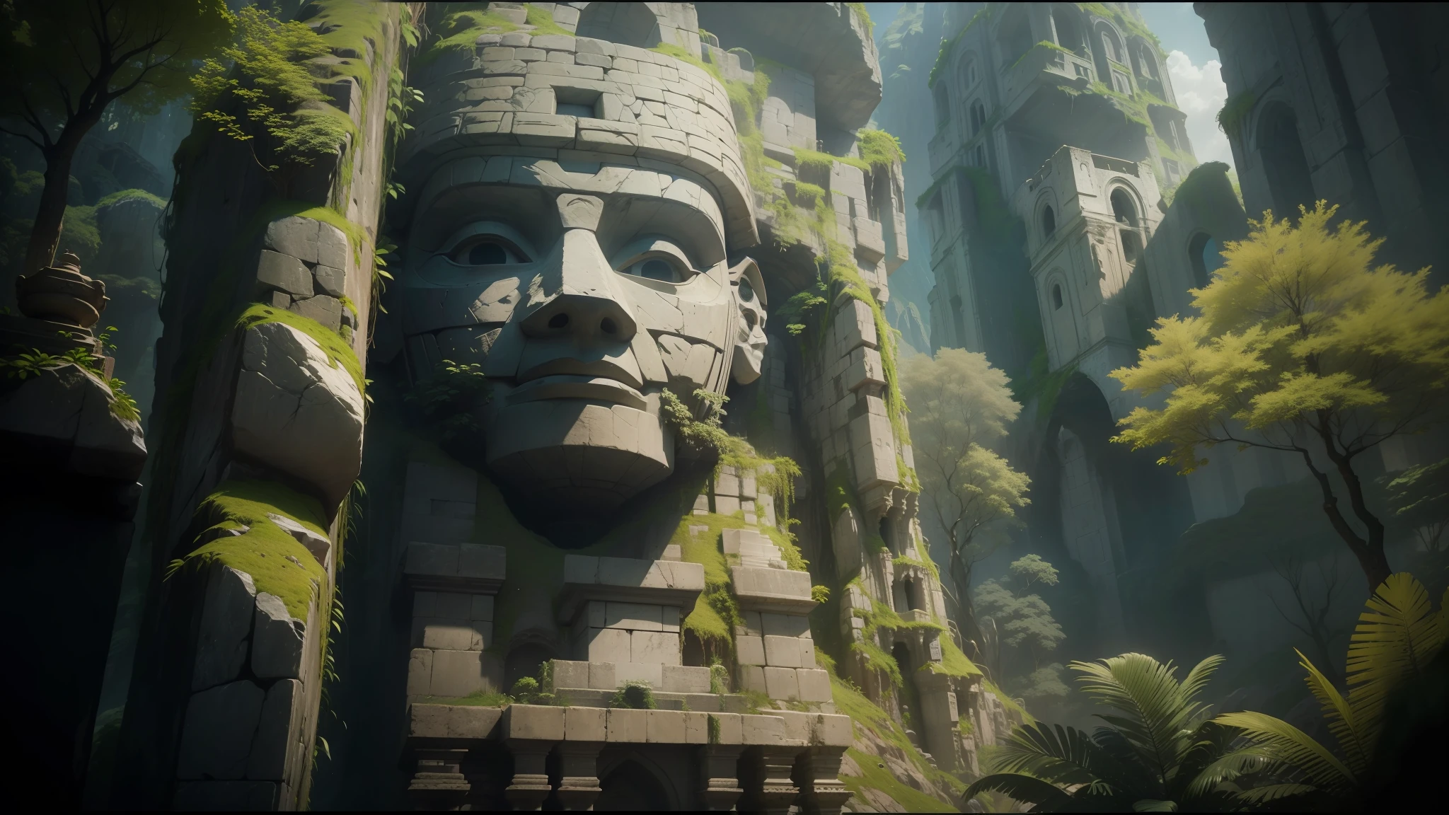 there is a stone face in the middle of a mountain, unreal maya, highly detailed in 4 k ”, giant majestic archways, relic, freddy mamani silvestre facade, 2 0 2 1 cinematic 4 k framegrab, by Pieter de Grebber, secret overgrown temple, concept art-h 640, ( ( mask ) ), inca, props containing trees