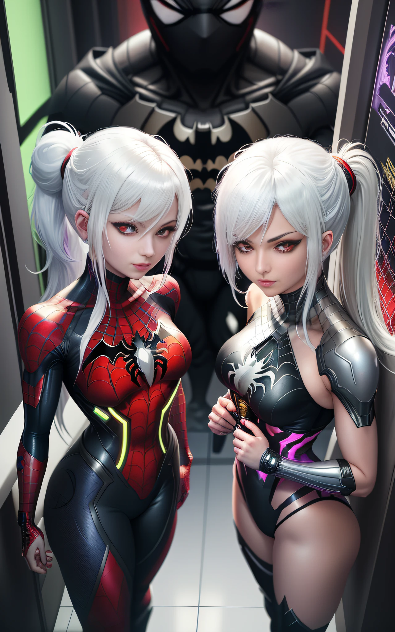 Imagine 16k, Unreal Engine 5, Anime style, [Mortal Kombat|Super Metroid],((Girl|Samus Aran|Ninja|spiderman|Batman|Cyberpunk])), ((white hair)), ((red eyes)), looking at the viewer with a smile, in a hotel room in front of the bathroom.