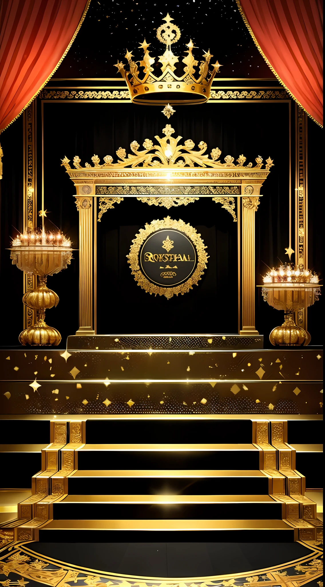 (photorealistic: 1.4) (ultra-detailed) (royal palace) crown, popstar, movie scene (black and gold), sparkles, splendor, wealth, nobility, sensual, vinyl record, party, background, no people, empty stage, medieval
