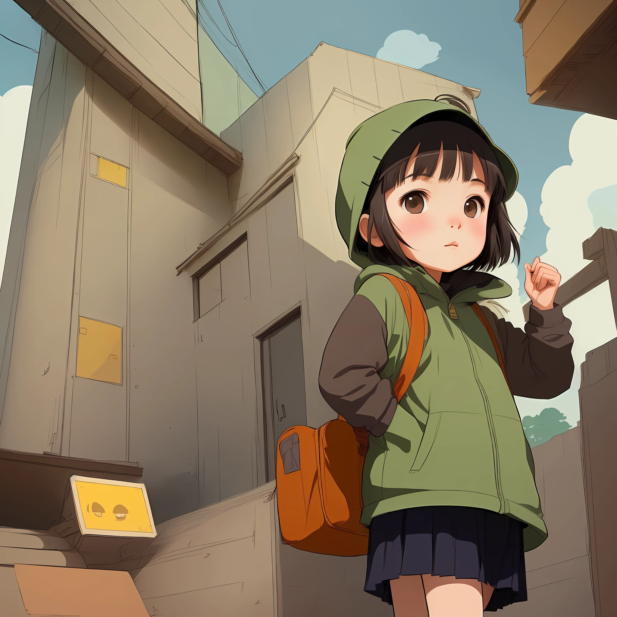 Little girl, Beautiful colors, pencil sketches, style of dan matutina, In the style of studio ghibli, Art by Hiroshi Saitō, bold lines, Bold the drawing lines, One character