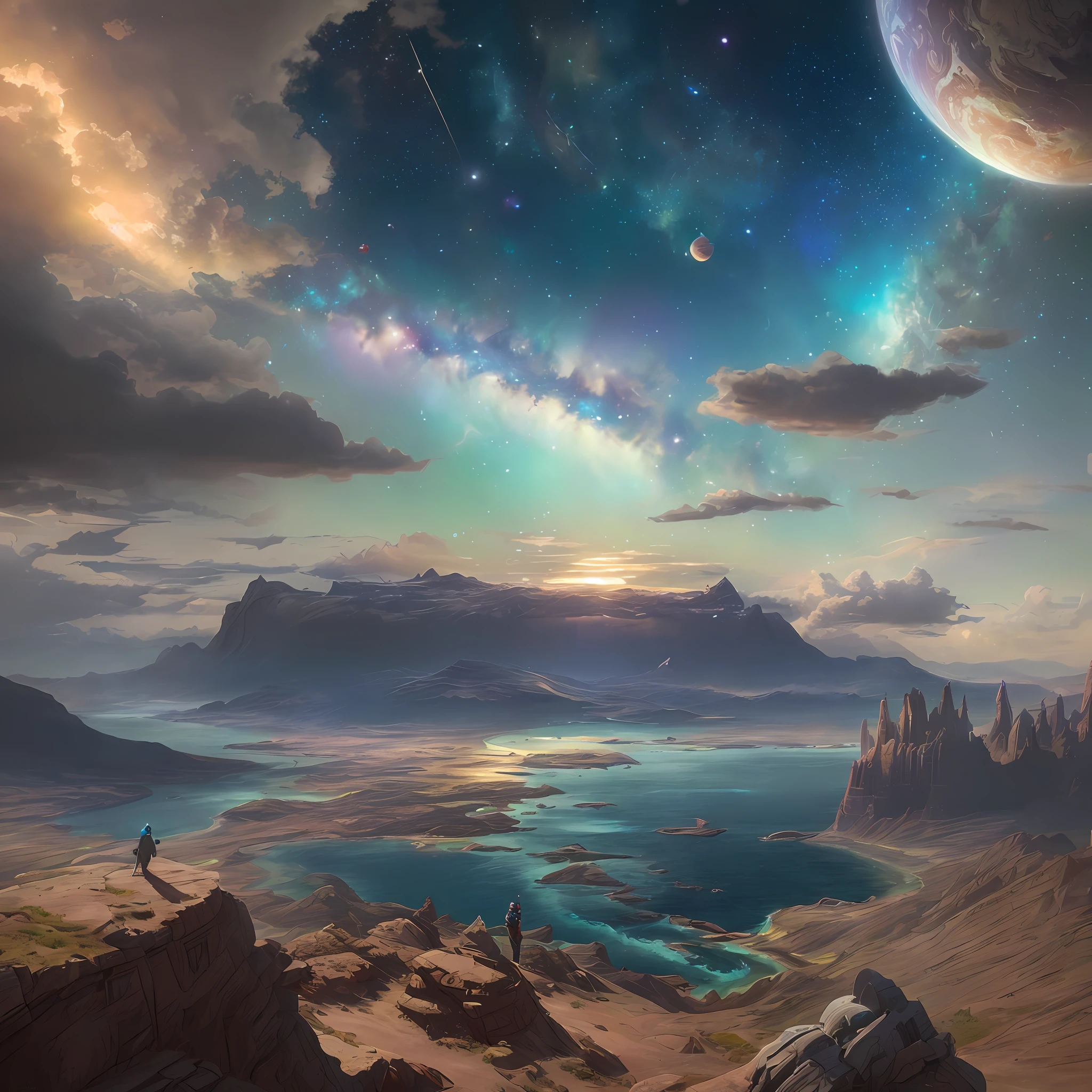 (Very detailed CG unity 8k wallpapers), panoramas of the most beautiful outer space artwork, sci-fi space landscapes, planets, Ed Blinkey, Atey Ghailan, professional majestic paintings of Studio Ghibli, Jeremy Mann, Greg Manchess, Antonio Moro, Trending on ArtStation, Trending on CGSociety, Intricate, High Detail, Sharp focus, dramatic, photorealistic painting art by midjourney and greg rutkowski